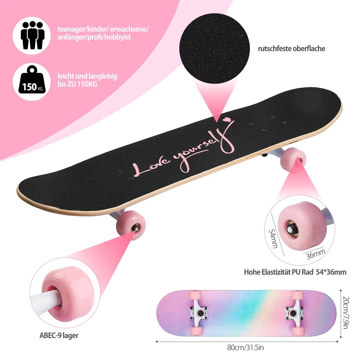 Skateboard für Jugendliche, Mädchen, Kinder, Erwachsene, Anfänger, 7 Schichten aus Ahornholz, Tablett, 80 x 20 cm, Tasche, Skateboard, Regenbogenpulver