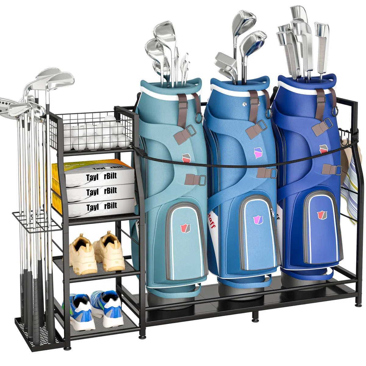 Golftaschenständer für Golftaschen-Zubehör, Golftaschen-Aufbewahrungs-Organizer passend für 3 Taschen für Garagenorganisation, Golf-Organizer mit zusätzlichem Aufbewahrungsregal für Golfschläger und