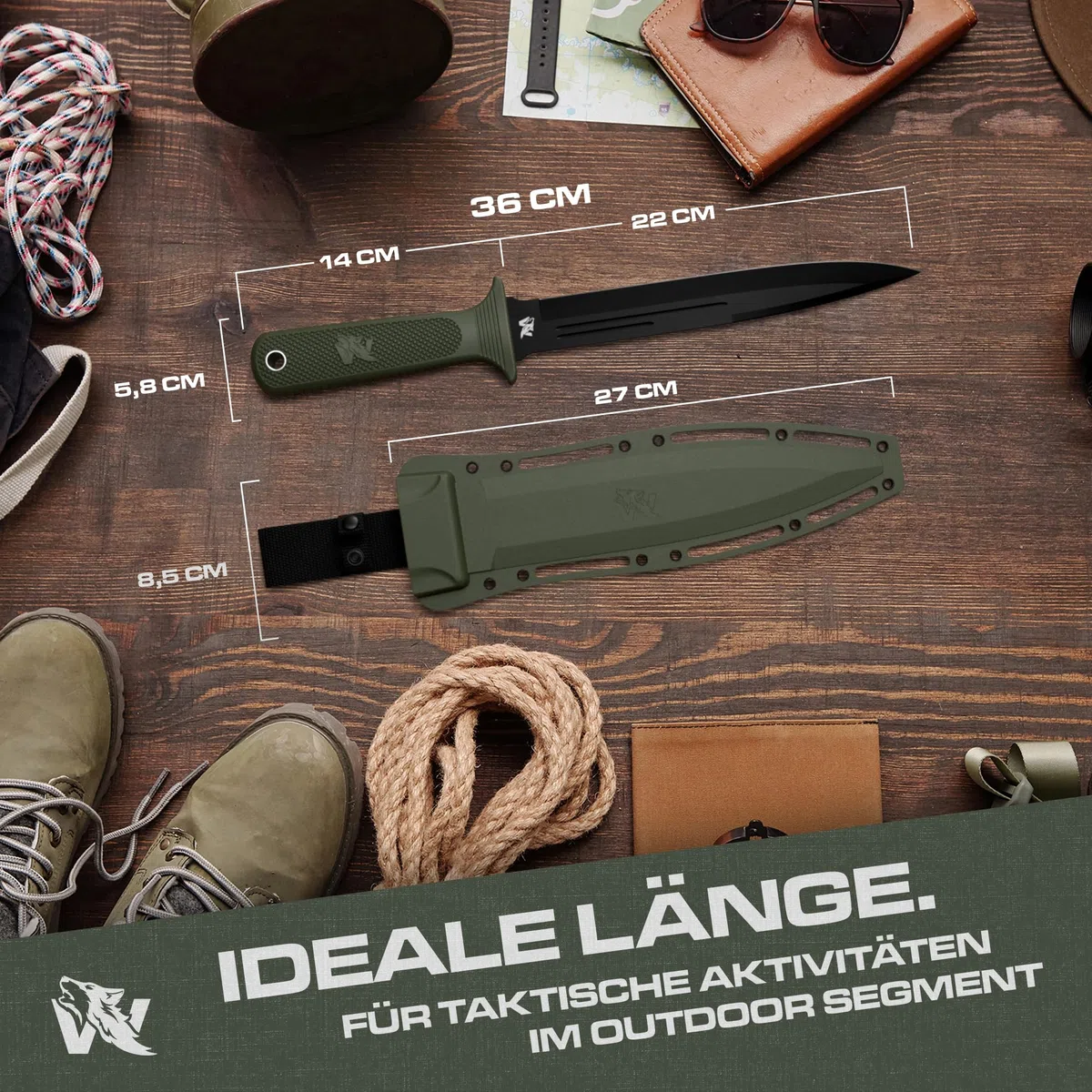 ODENWOLF W Catcher - Großes Jagdmesser aus D2-Stahl - Großes Feststehendes Messer mit Scheide - Einschneidiges Schwert mit TPE-Griff - Full Tang Survival Messer für Outdoor Aktivitäten