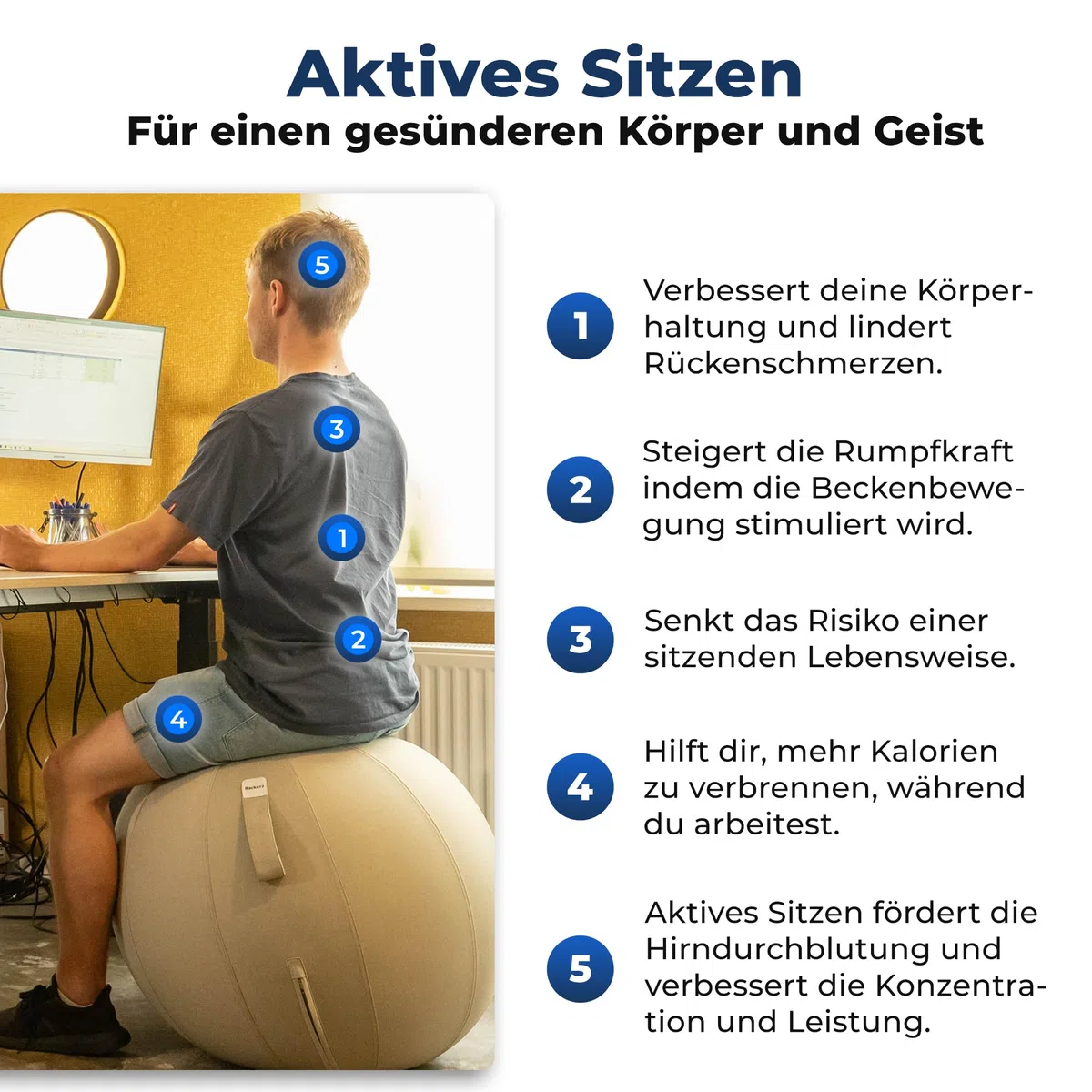 Backerz Sitzball Büro Ergonomisch 75 cm, Ergonomische Sitzmöbel für Büro und Heimbüro, Langlebiger Stoff, Gymnastikball - Fitness-Ball, Ballstuhl mit Ballauflage - Waschbarer Leinenbezug - Hellgrau