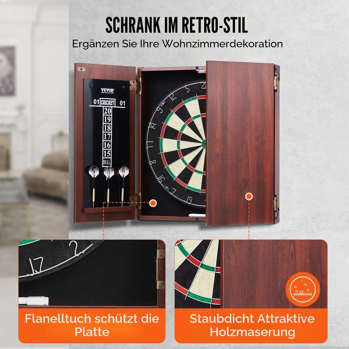 VEVOR Dartboard- und Schrankset Dartboard-Schrank in offizieller Größe, Dartscheibe 45 x 3,8 cm versteckbarer Dartschrank mit Stahlspitzen, komplett mit sämtlichem Zubehör, für Cricket-Spiele