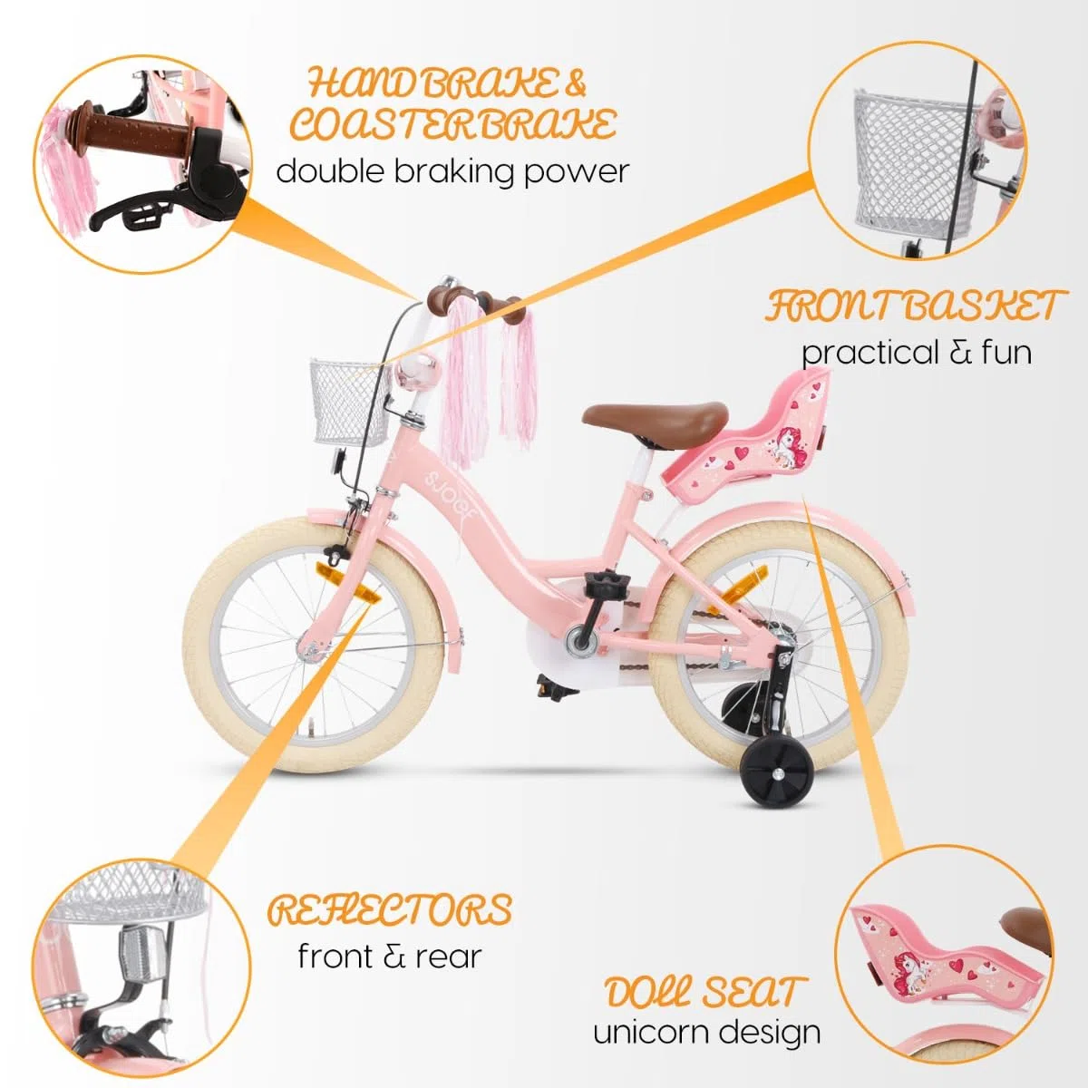 Dolly Kinderfahrrad 14 Zoll | Ab 3-5 Jahre | einfache Montage (95% vormontiert) | Kinder Fahrrad für Mädchen/Jugend | Kleidergröße von 98 bis 108 cm | inklusive Stützräder