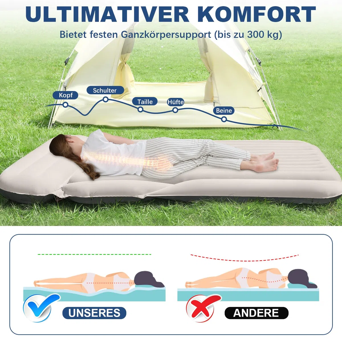 KMZ SUV Luftmatratze Dickere Doppelseitige Beflockung Camping Matratze – Tragbares Bewegliche Schlaf-Auto-Bett – Bequeme Aufblasbare Reisen Luftbett mit Elektrische Luftpumpe und 2 Kissen