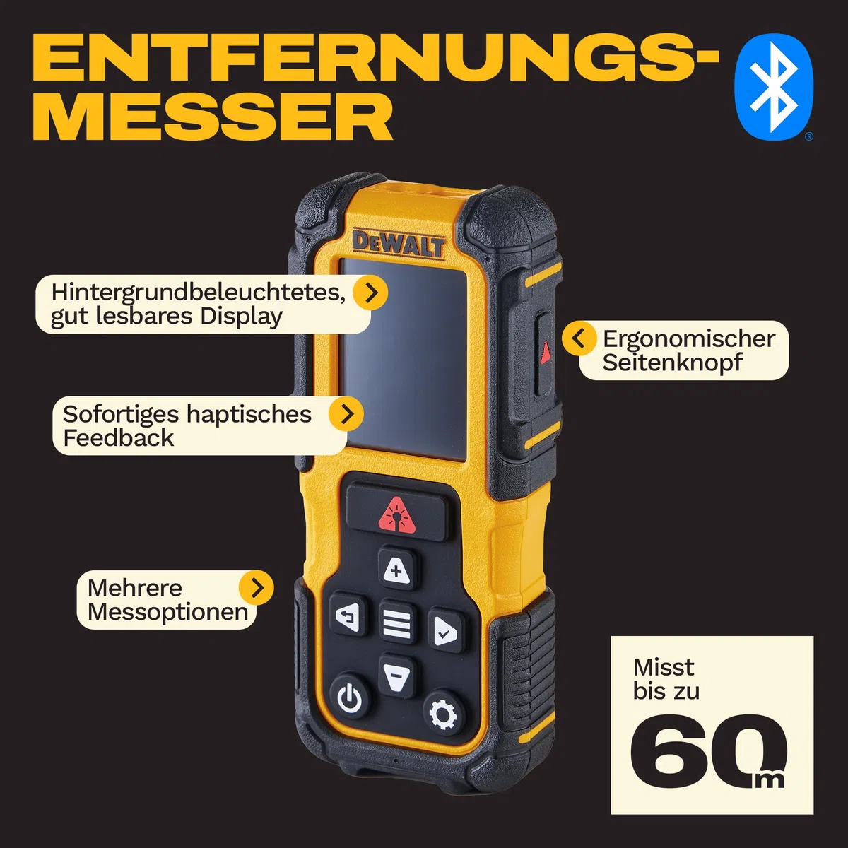DEWALT 60m Laser-Entfernungsmesser mit wiederaufladbarem Lithium-Akku, DWHT78200-XJ