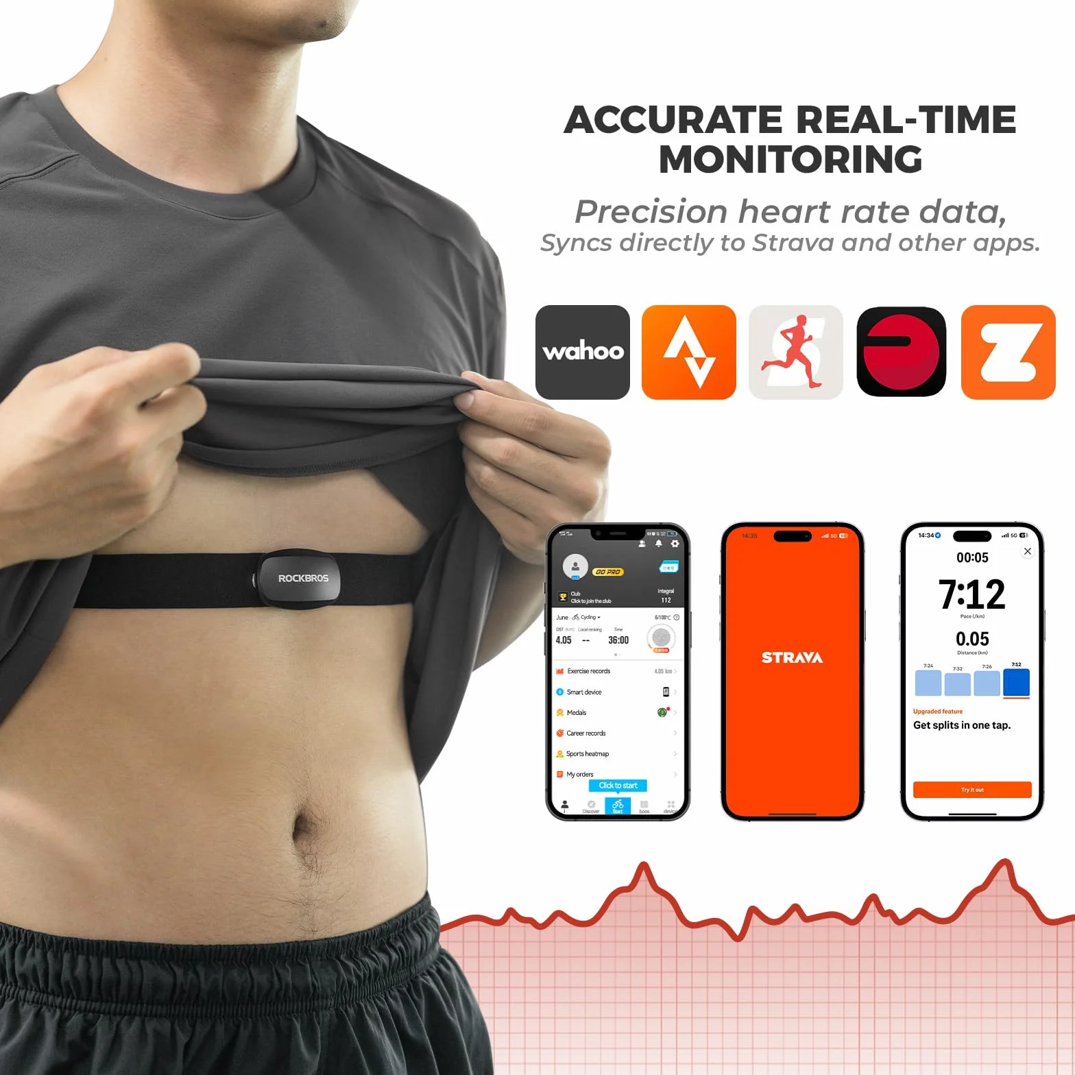 ROCKBROS Herzfrequenzmesser Brustgurt Bluetooth & ANT+, Präzise Echtzeit Herzfrequenz, 800 Std Laufzeit, IP67 Wasserdicht, nur 13g, Kompatibel mit Garmin, Wahoo, Polar, Strava, Sports Tracker