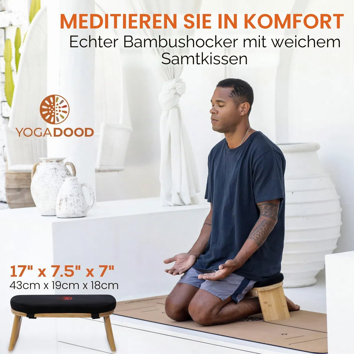 Faltbare Meditationsbank mit Samtkissen & Tragetasche - Bambus Yoga Hocker Seiza Gebetsbank Reise Meditationssitz - Bequemer Kniestuhl für Achtsamkeit Zen Praxis Meditationshocker, YD002