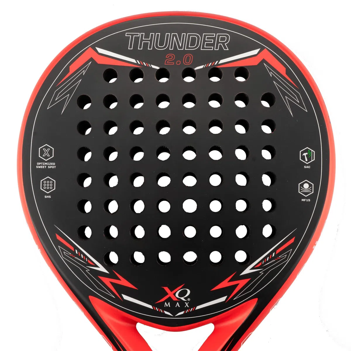XQMax - Thunder Padel Schläger 2.0 Schwarz/Rot, Einsteiger Racket + Handgelenksband, Runder Form + Sweet Spot, Carbon, Glasfaser & Schaumstoff