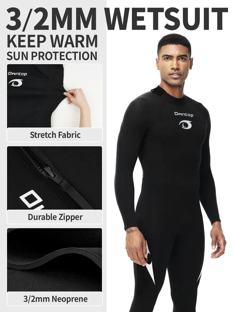 Owntop Herren Damen Ganzkörper 3/2mm Neoprenanzug, Ultra-Stretch Langarm Winter Neoprenanzug, Rückenreißverschluss Erwachsene Neopren Surf- und Tauchanzug