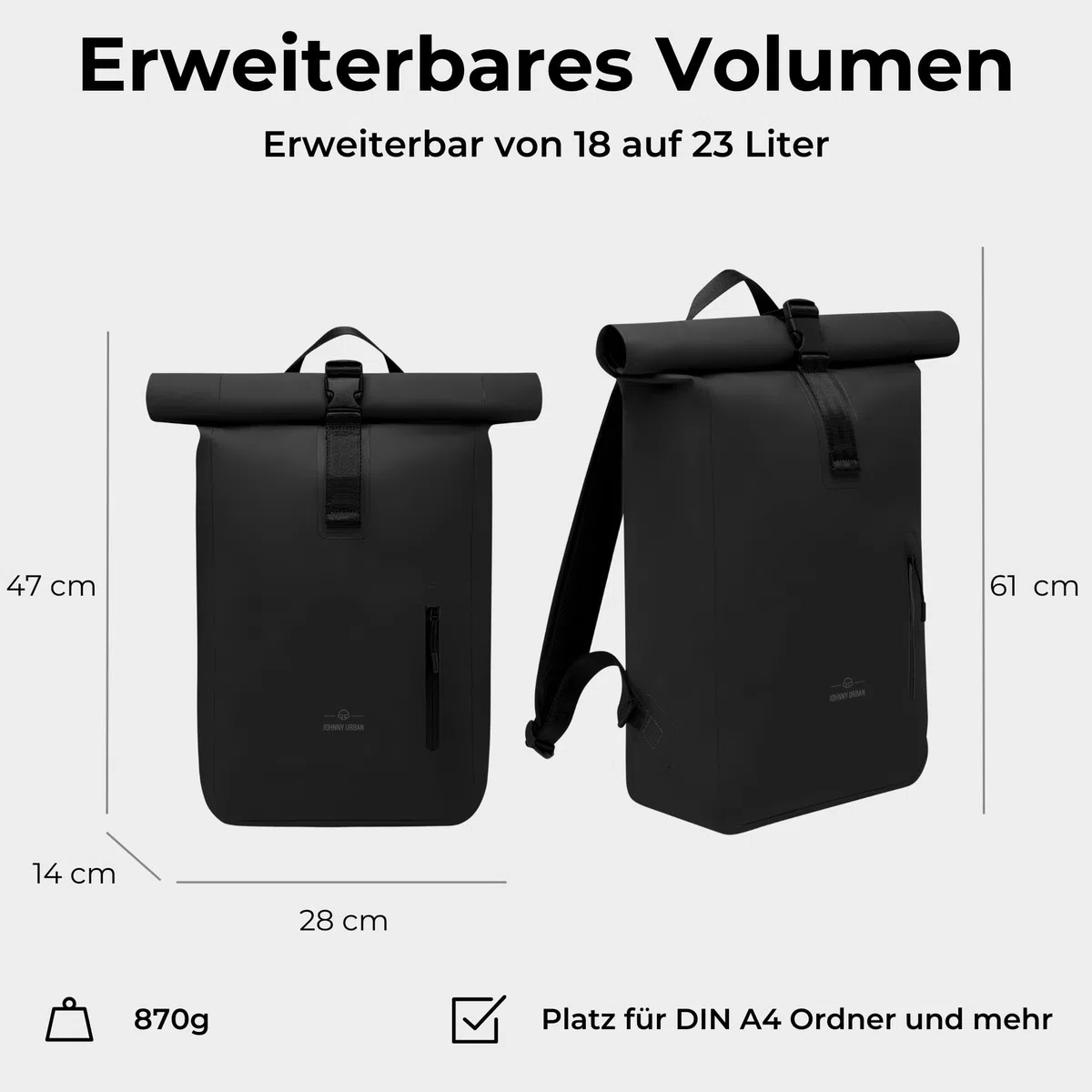 Johnny Urban Rucksack Wasserdicht Damen & Herren - Conor - Wasserdichter Rolltop Fahrradrucksack - Wasserfester Roll Top Backpack für Uni Fahrrad Büro - Mit Laptop Fach