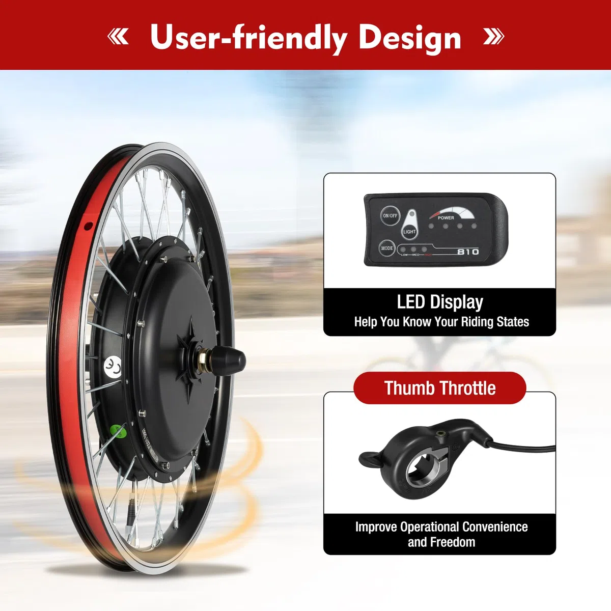 E-Bike Umbausatz 20 Zoll Vorderrad 48V 1000W | Aluminiumlegierung Bürstenloser Controller mit LED-Anzeige, 3-Gang Geschwindigkeitsregelung, Pedal-Hilfssensor
