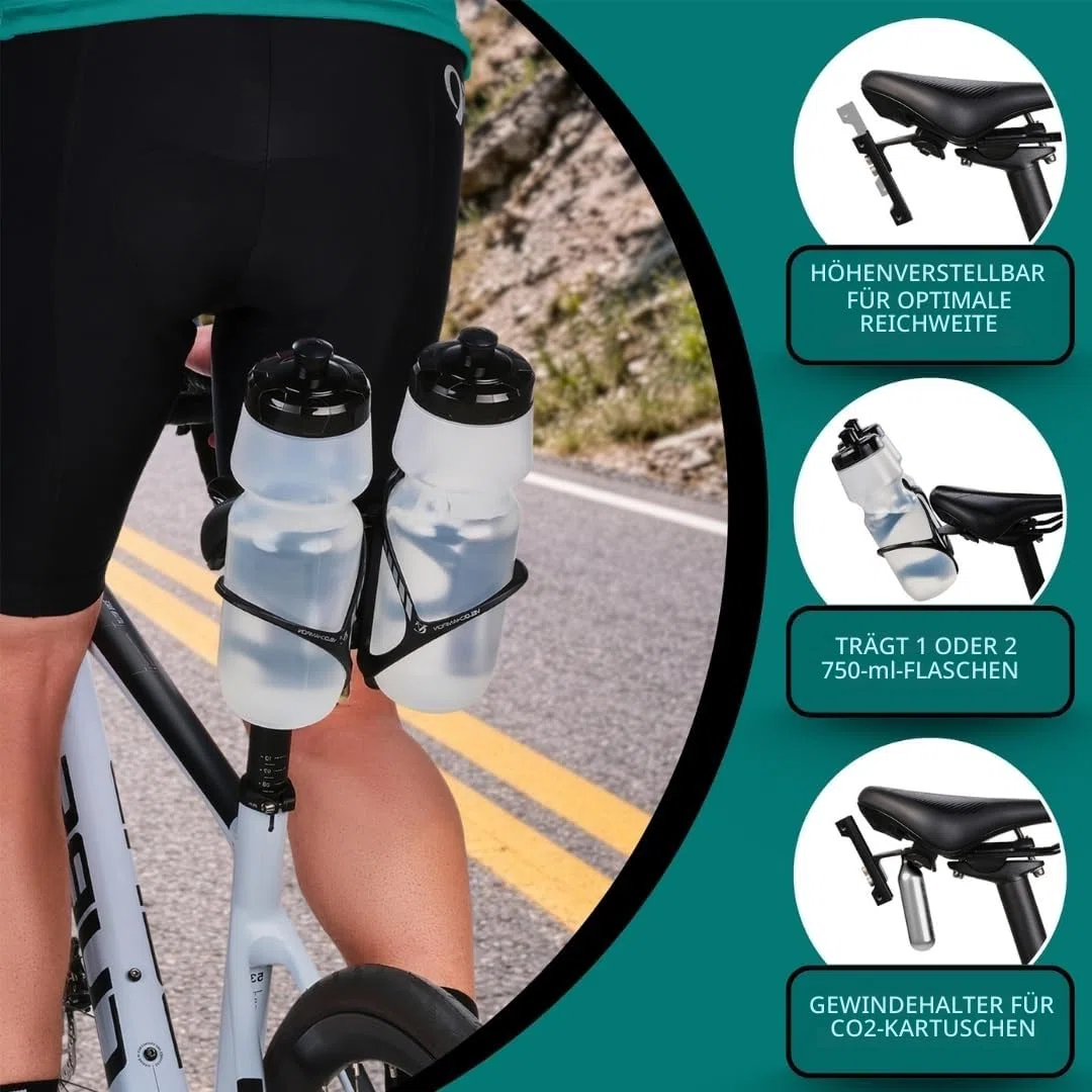 VeloChampion Universal Fahrrad-Flaschenhalter | Hinter Sattel Hydrationshalter für Triathlon & Rennrad | Für 1–2 Flaschen 750ml & CO2 | Passend Sattelstreben 50–80 mm (Premium, Aluminium, Schwarz)