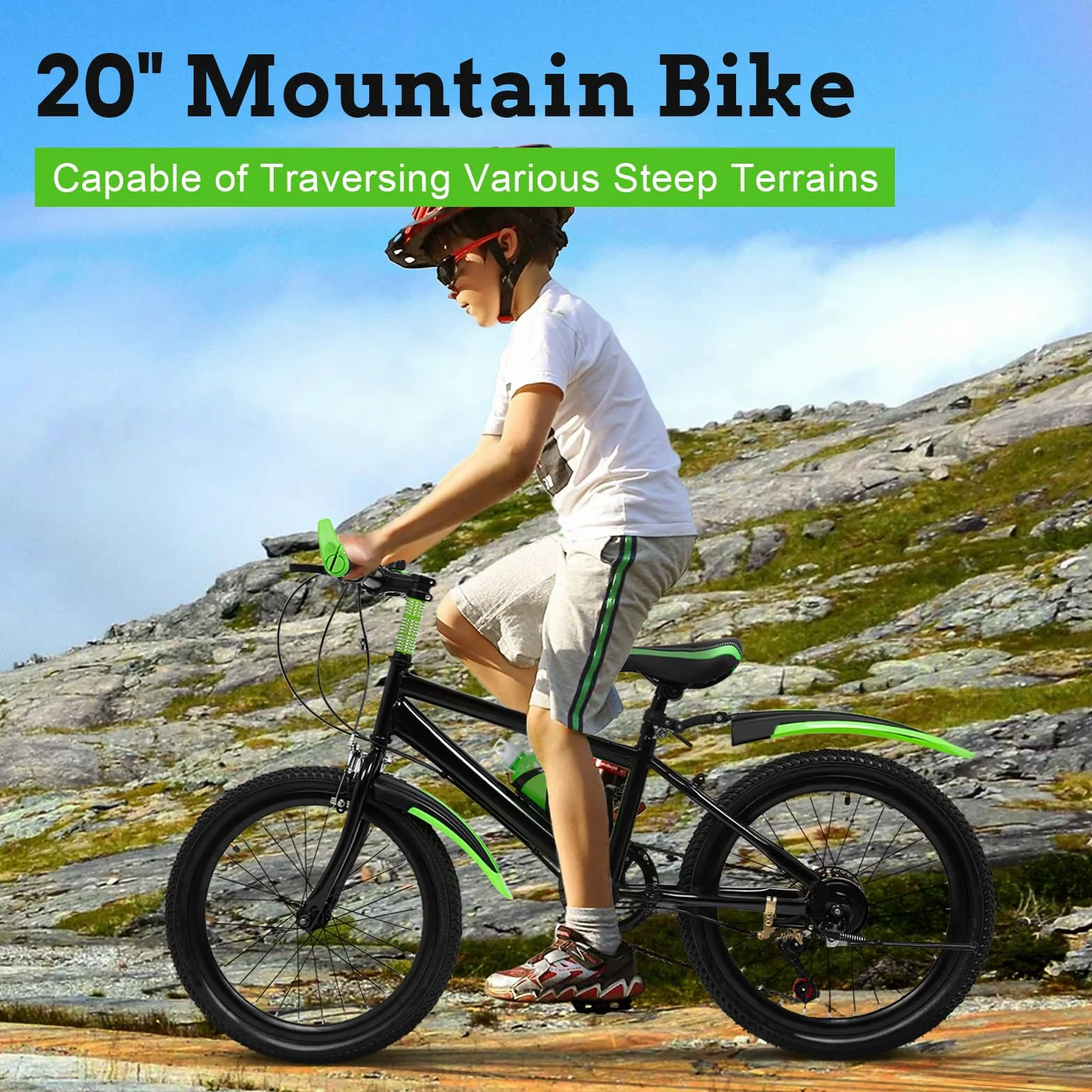 20 Zoll Kinderfahrrad Kinder Fahrrad für Jungen & Mädchen, 7 Gang Mountainbike mit Schutzblech, Wasserflasche, Kompassglocke, Tragfähigkeit 85KG, Von 8-13 Jahren