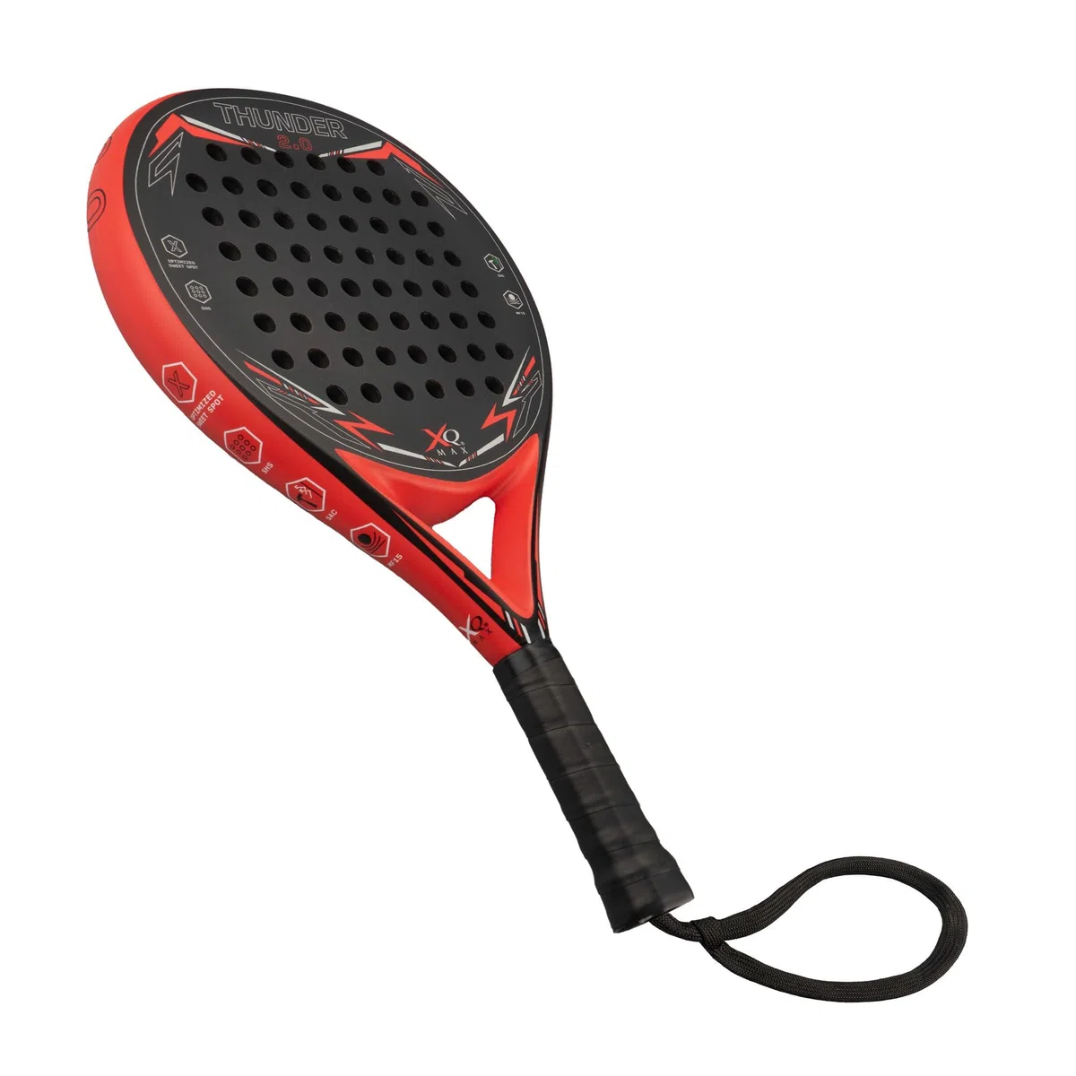 XQMax - Thunder Padel Schläger 2.0 Schwarz/Rot, Einsteiger Racket + Handgelenksband, Runder Form + Sweet Spot, Carbon, Glasfaser & Schaumstoff