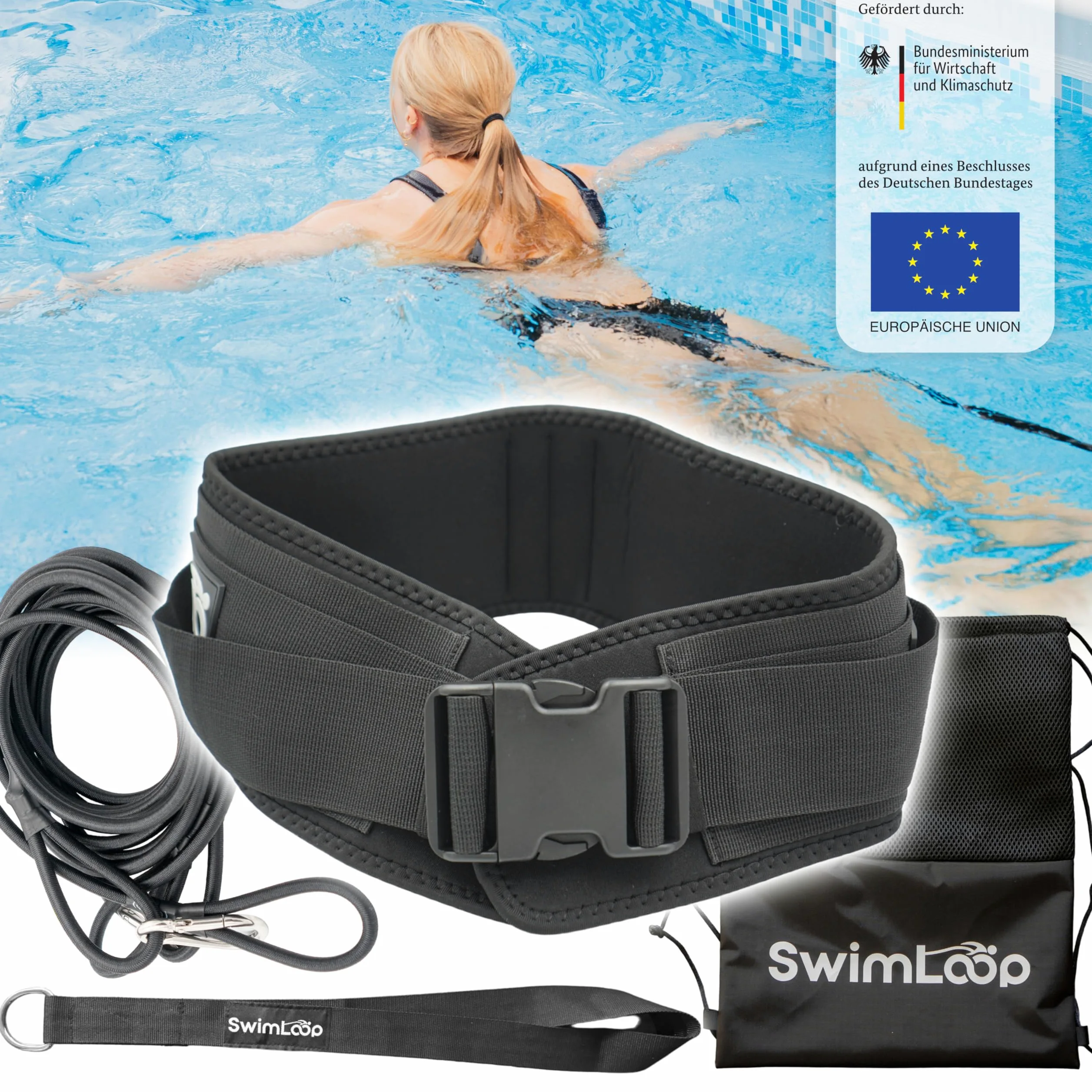 Premium Schwimmgurt Schwimmtrainer mit 2 x 2 Meter elastischen Gummibändern - Zugseil - Schwimmseil für Pool wie Gegenstromanlage zum Einhängen - Bauchgurt mit Schwimmband Widerstandstraining