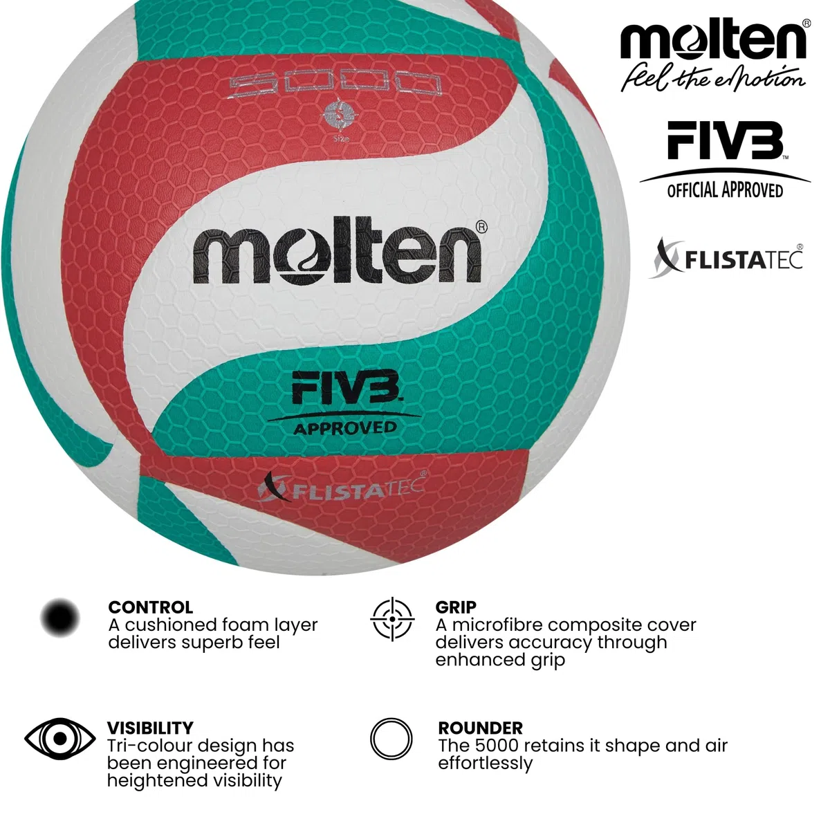 molten Erwachsene V5M5000 Volleyball, Grün/Weiß/Rot, 5