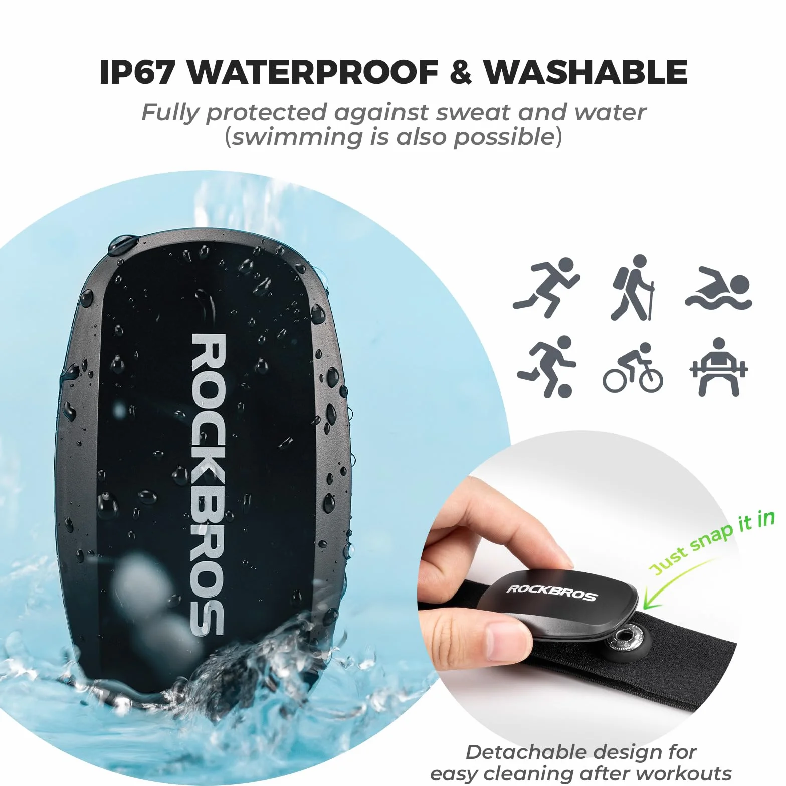 ROCKBROS Herzfrequenzmesser Brustgurt Bluetooth & ANT+, Präzise Echtzeit Herzfrequenz, 800 Std Laufzeit, IP67 Wasserdicht, nur 13g, Kompatibel mit Garmin, Wahoo, Polar, Strava, Sports Tracker