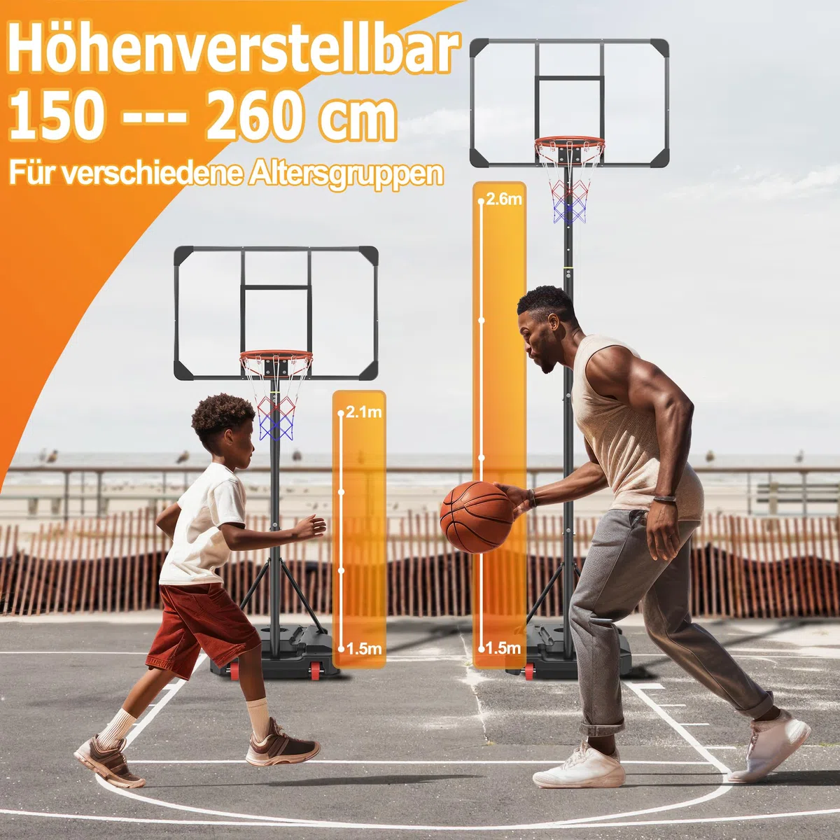 YRHome Basketballkörbe für Jugendliche, Höhenverstellbar 150–260 cm Mit fahrbarer befüllbarer Basis ragbar für Garten & Wohnung