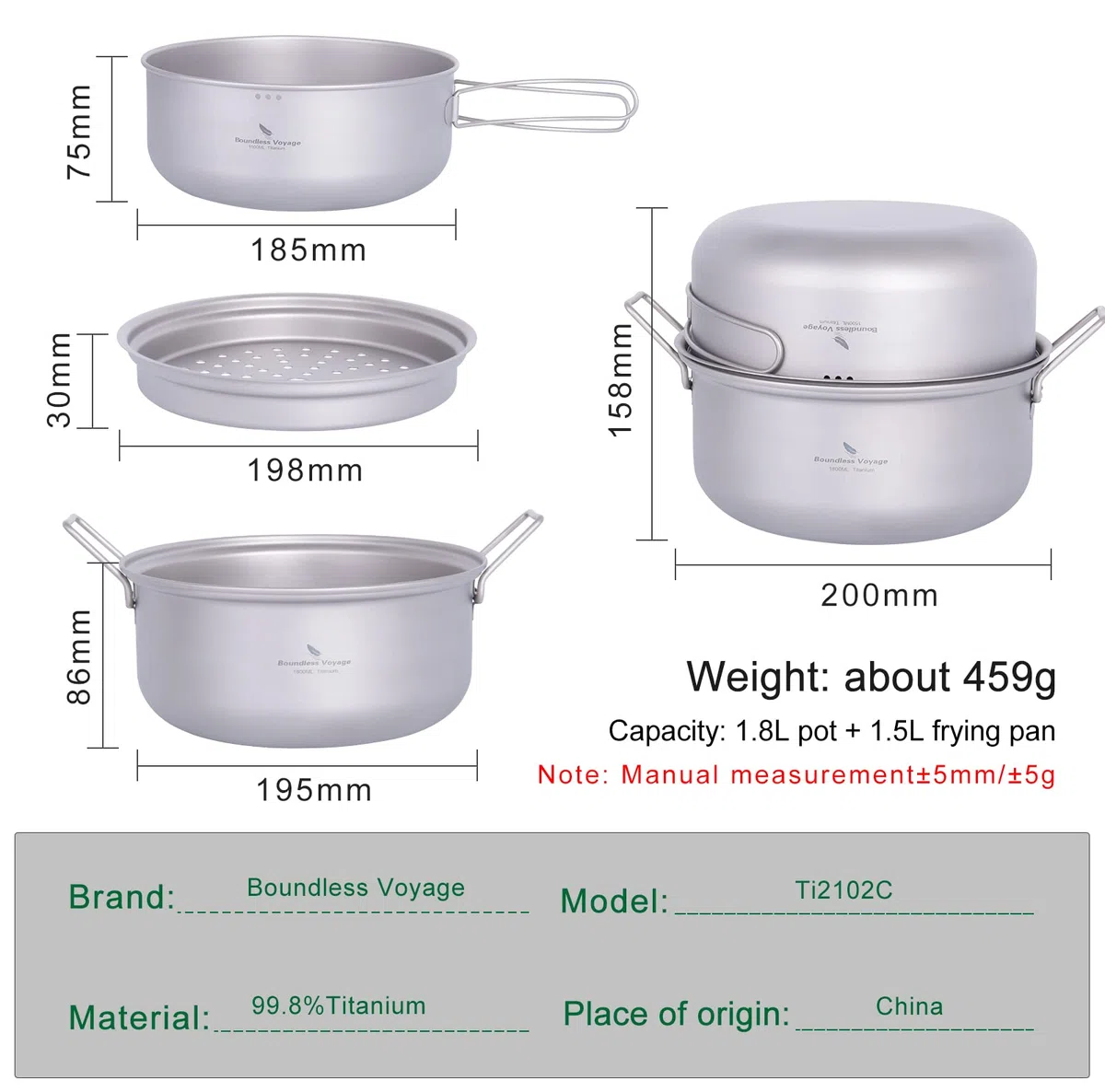 iBasingo Camping Kochen Dampfgartopf Titan Stockpot Bratpfanne Set Outdoor Reise Koch Geschirr Ultraleichte Suppen Topf Pfanne Tragbares Wander Picknick Mess Kit mit Klappgriff