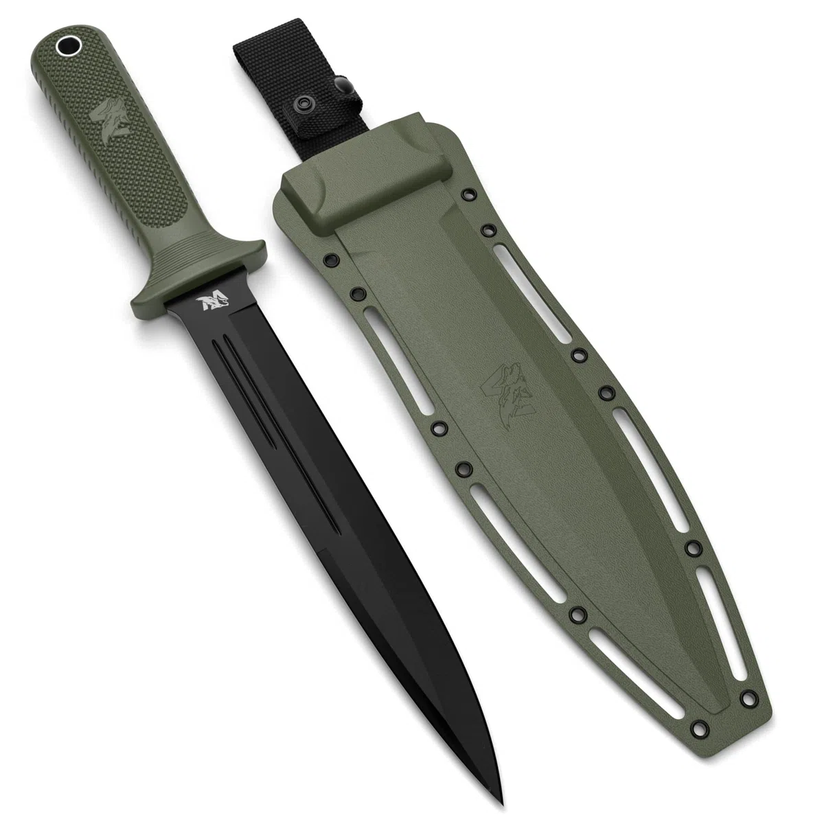 ODENWOLF W Catcher - Großes Jagdmesser aus D2-Stahl - Großes Feststehendes Messer mit Scheide - Einschneidiges Schwert mit TPE-Griff - Full Tang Survival Messer für Outdoor Aktivitäten