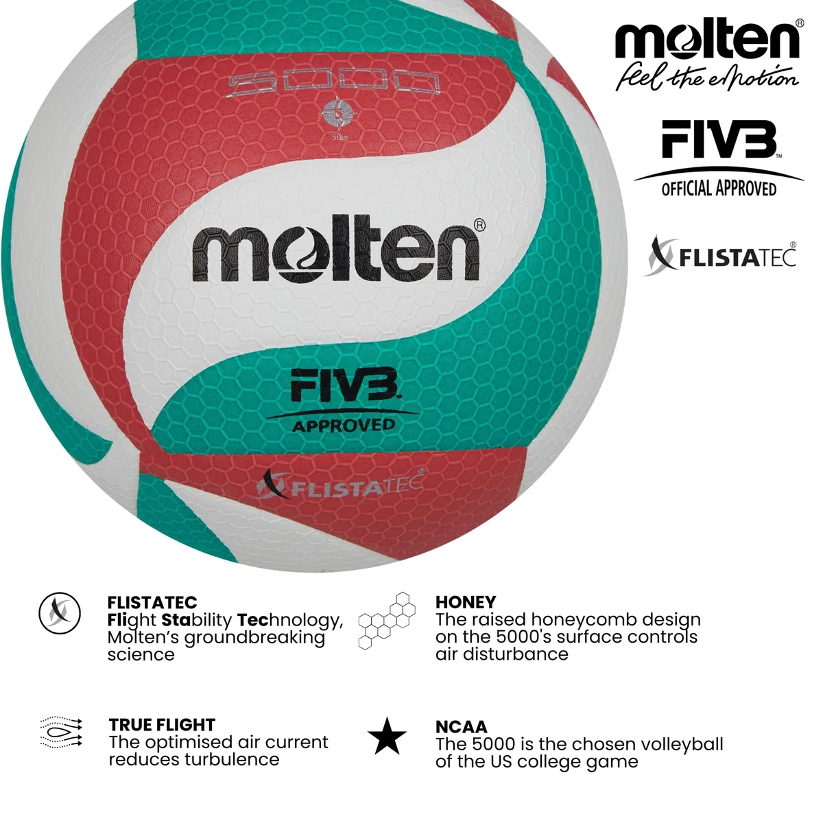 molten Erwachsene V5M5000 Volleyball, Grün/Weiß/Rot, 5