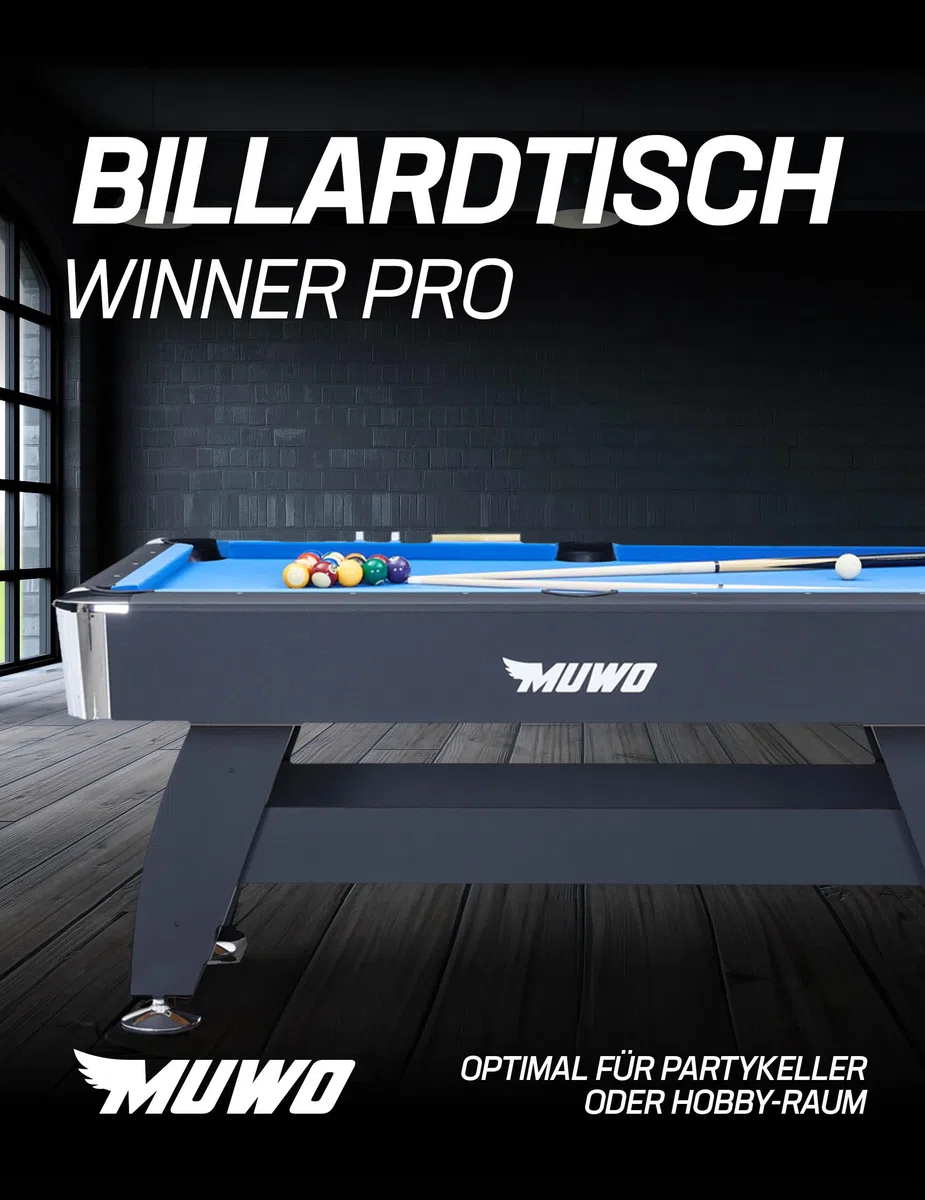 MUWO Winner Pro Billardtisch inkl. einem Satz Kugeln, mit Aufbaudreieck, 2 Queues, mit Kreide und Einer Bürste. Tisch im Original-Stil. Maße (LxBxH): 183 cm x 102 cm x 81 cm, Gewicht 80 kg, 2 Farben