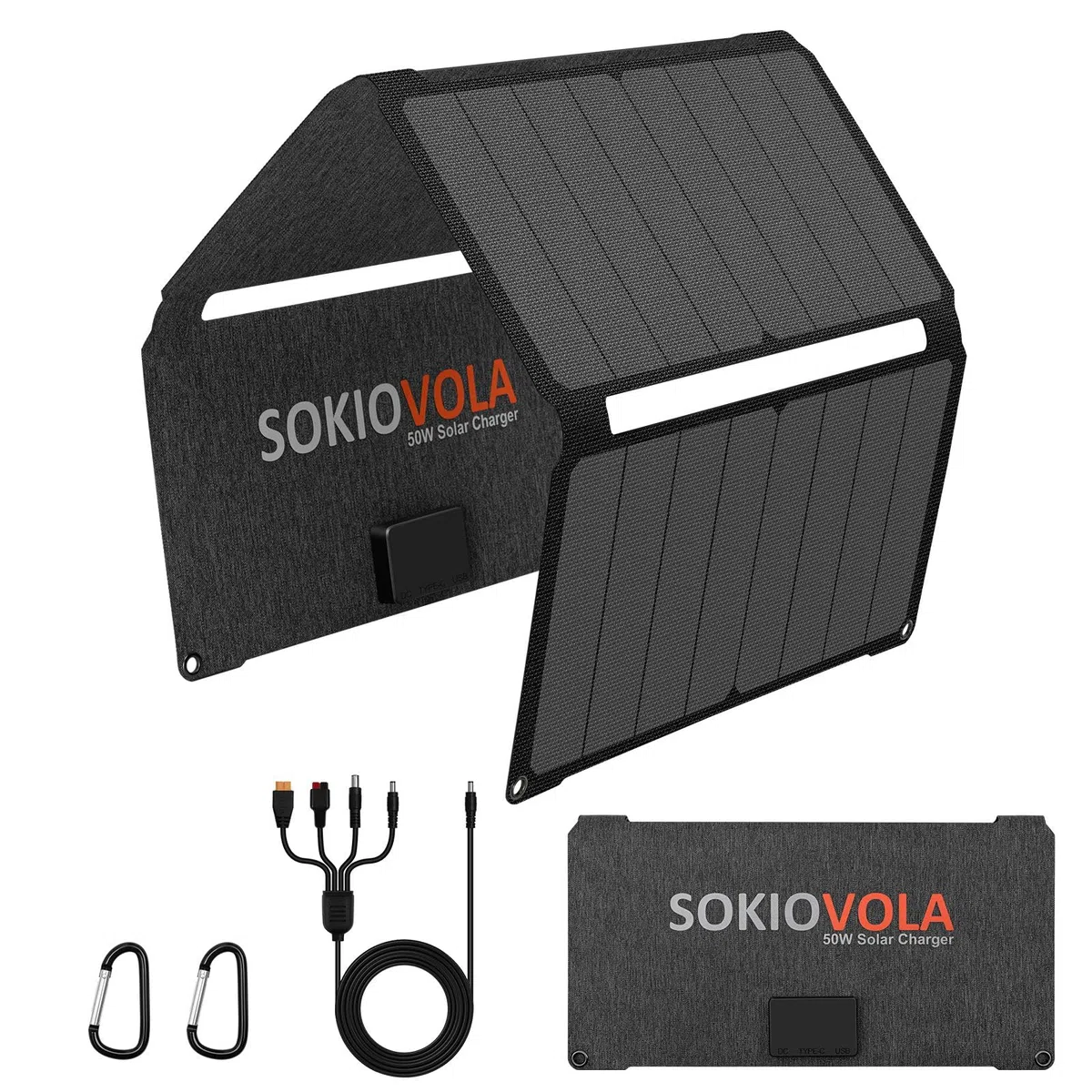 SOKIOVOLA [Upgraded] Faltbare Solarzellen, 50 W, tragbares Solarmodul-Ladegerät, 3 Ausgänge (USB-A USB-C DC), faltbares Solarpanel für Camping, Wandern, Wohnmobil, Outdoor-Aktivitäten