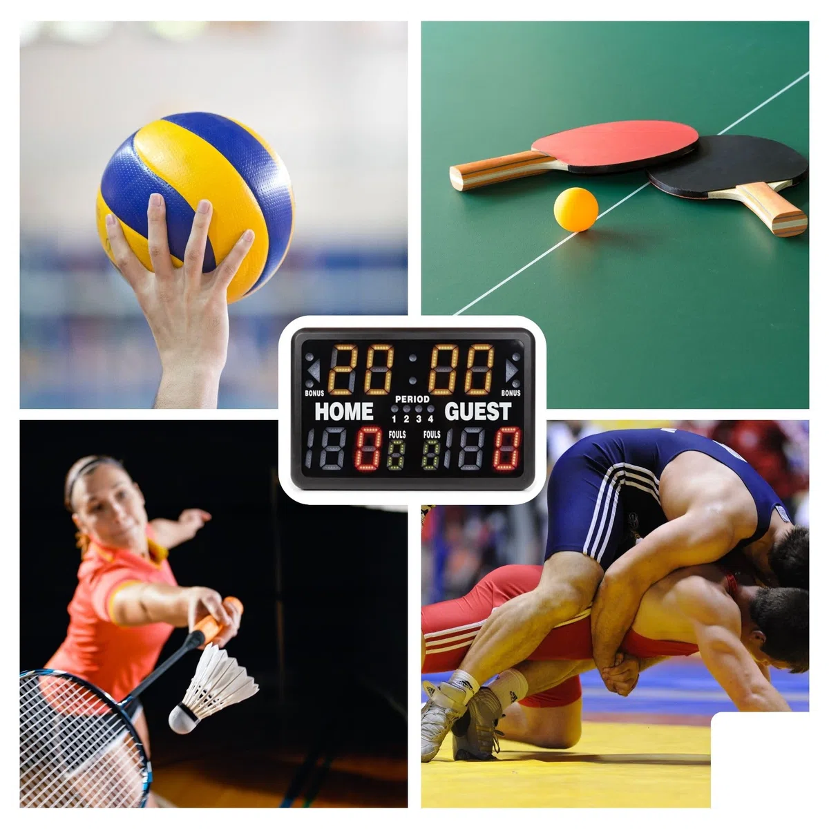 Perel Digitales LED Multisport-Scoreboard mit Sporttimer und Stoppuhr, Tischmodell oder freistehend, geeignet für Indoor- und Outdoor-Nutzung unter Überdachung, für Training, Wettkämpfe und Turniere