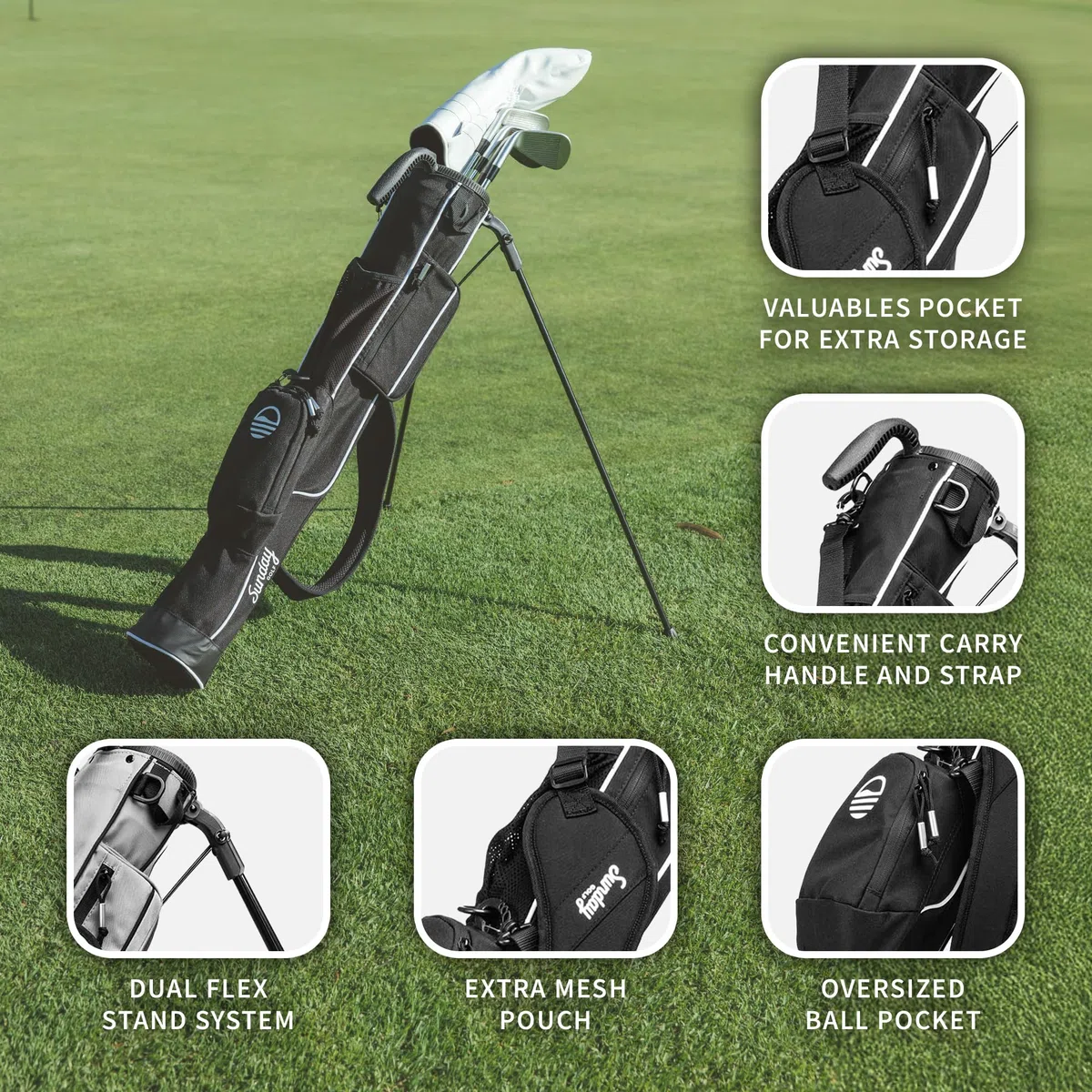 Sunday Golf – Leichte Sonntagsgolftasche mit Gurt und Ständer – einfach zu tragen und langlebig Pitch n Putt Golftasche – Golf-Standtasche für die Driving Range, Par 3 und Executive Courses – 80 cm