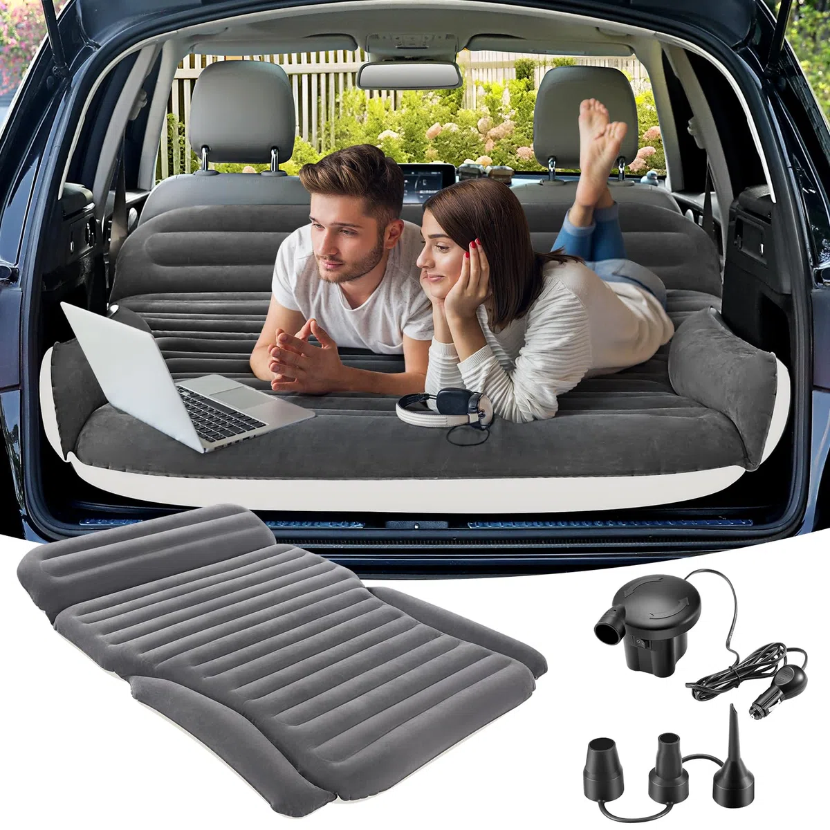 KMZ Aufblasbare SUV-Luftmatratze für Auto, LKW und Camping – tragbares, Dickes Autobett für unterwegs, inkl. 2 Kissen und elektrischer Pumpe