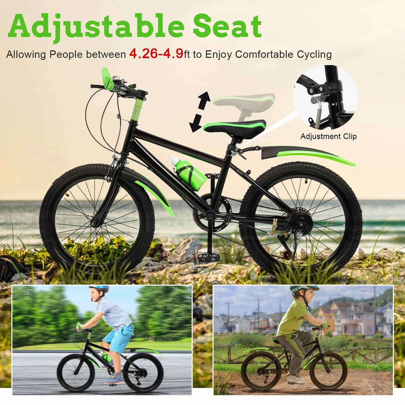 20 Zoll Kinderfahrrad Kinder Fahrrad für Jungen & Mädchen, 7 Gang Mountainbike mit Schutzblech, Wasserflasche, Kompassglocke, Tragfähigkeit 85KG, Von 8-13 Jahren