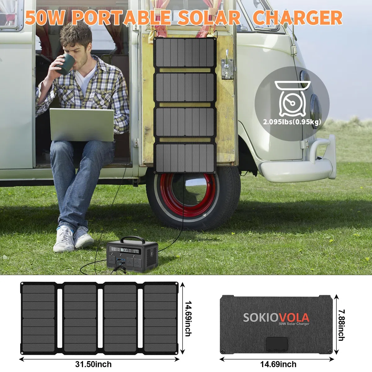 SOKIOVOLA [Upgraded] Faltbare Solarzellen, 50 W, tragbares Solarmodul-Ladegerät, 3 Ausgänge (USB-A USB-C DC), faltbares Solarpanel für Camping, Wandern, Wohnmobil, Outdoor-Aktivitäten