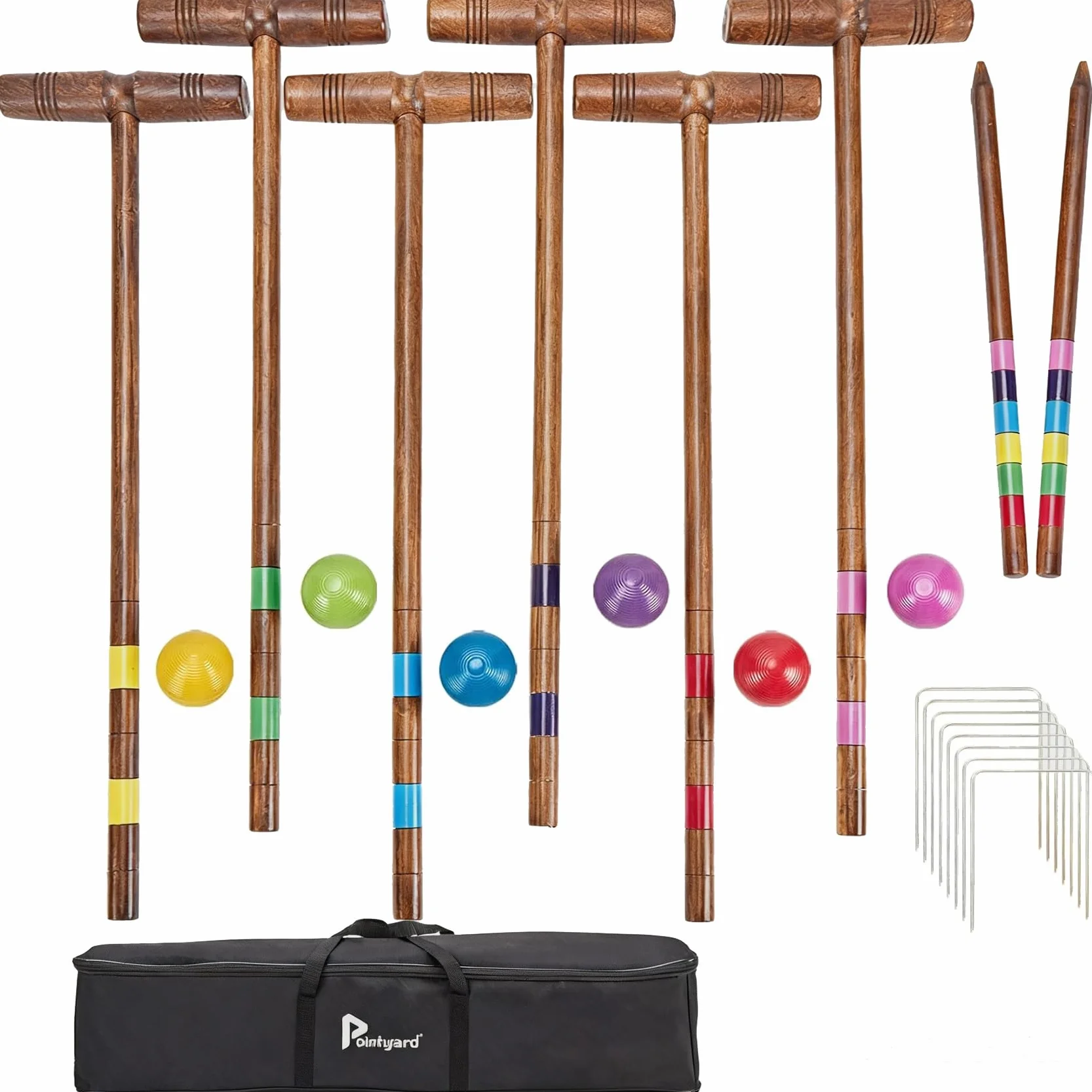 Krocket-Set für 6 Spieler, 81,3 cm, Vintage-Stil, Krocket-Set mit Holzschlägeln/farbigem Ball/Wickets/Heringen für Erwachsene/Jugendliche/Familie, perfekt für Rasen/Hinterhof-Spiel/Park