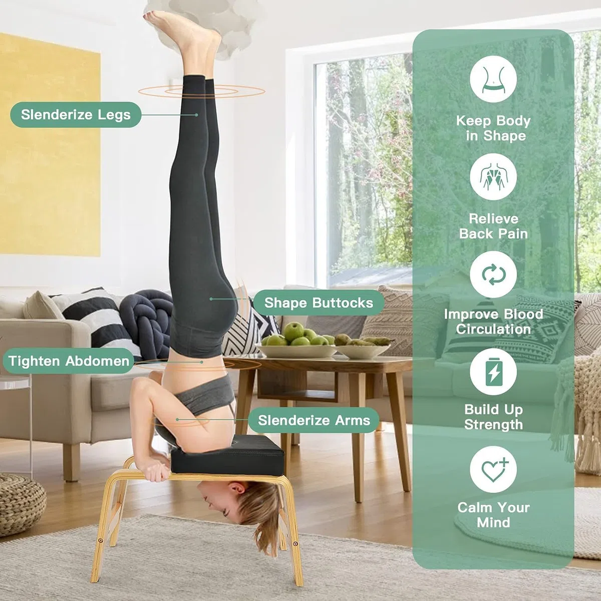 Yoga Kopfstandhocker，Kopfstandhocker，Kopfstandstuhl für Gleichgewichtstraining, Inversion Stool w/Solid Wood Frame & Detachable PU Auflagen