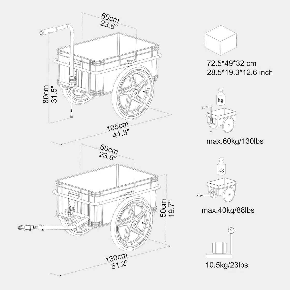 Tiggo VS Plus Fahrrad Lastenanhänger & Handwagen mit 70 Liter Transportbox Fahrradanhänger Transportanhänger 20317