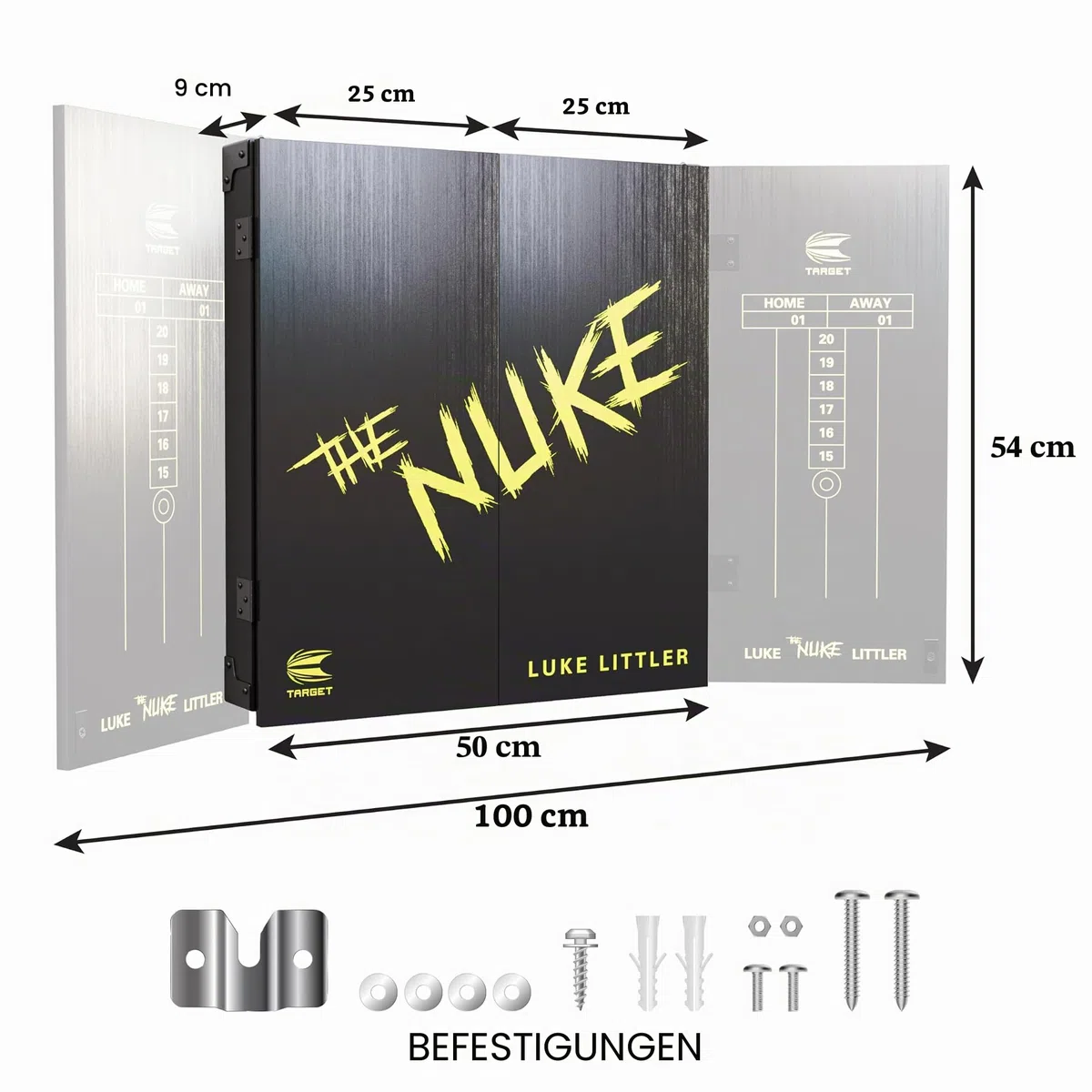 Target Darts Player Dartboard and Cabinet Set | Luke Littler/Dimitri Van den Bergh/Gabriel Clemens | Dartschrank mit 2 Sets Steel-Dart-Pfeilen, Score-Charts, Wurf-Standardlinie für Wettbewerbe