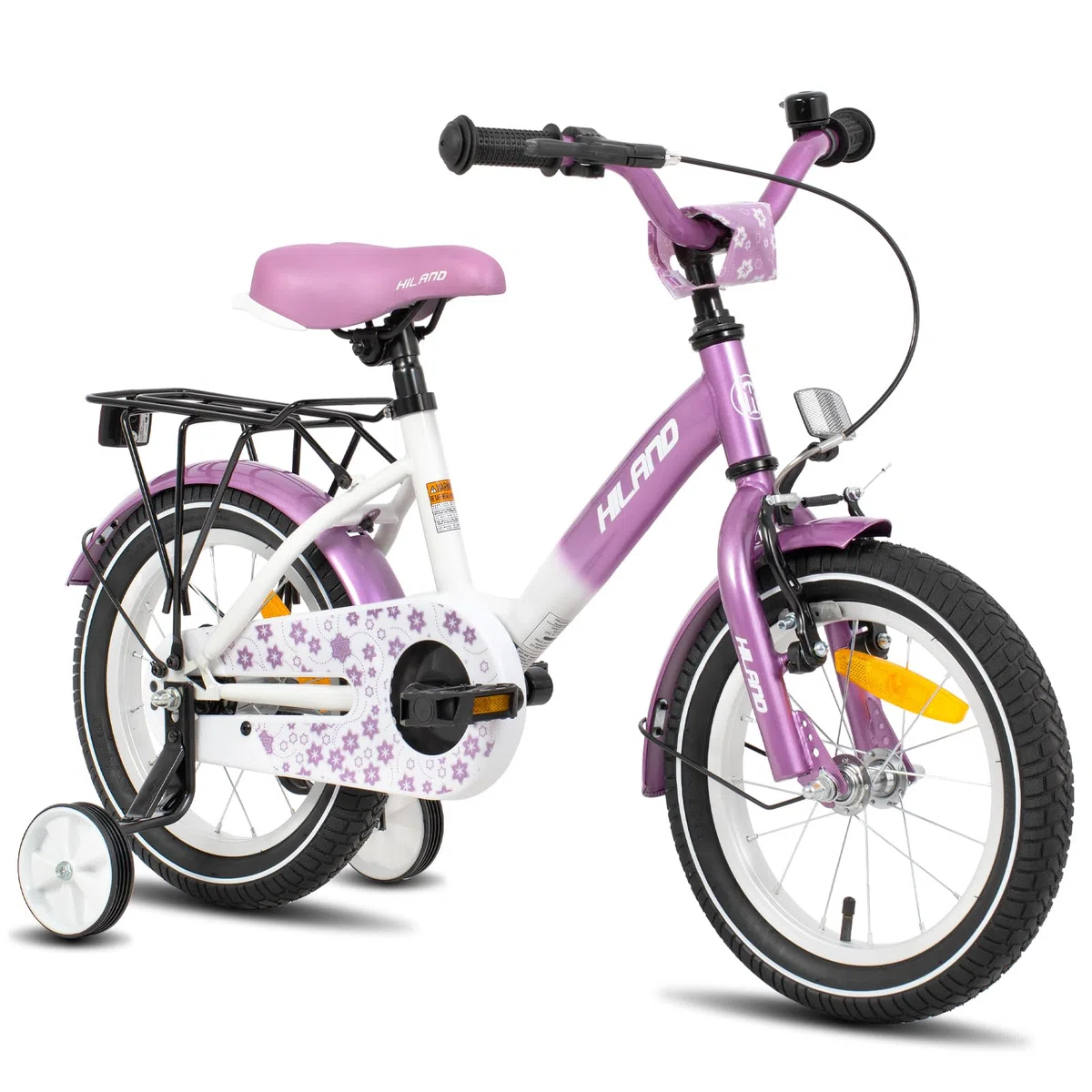 HILAND Starry 12/14/16 Zoll Kinderfahrrad, Mädchenfahrrad mit Stützrädern, Rosa/Lila Kinderfahrrad Handbremse Rücktrittbremse Gepäckträger