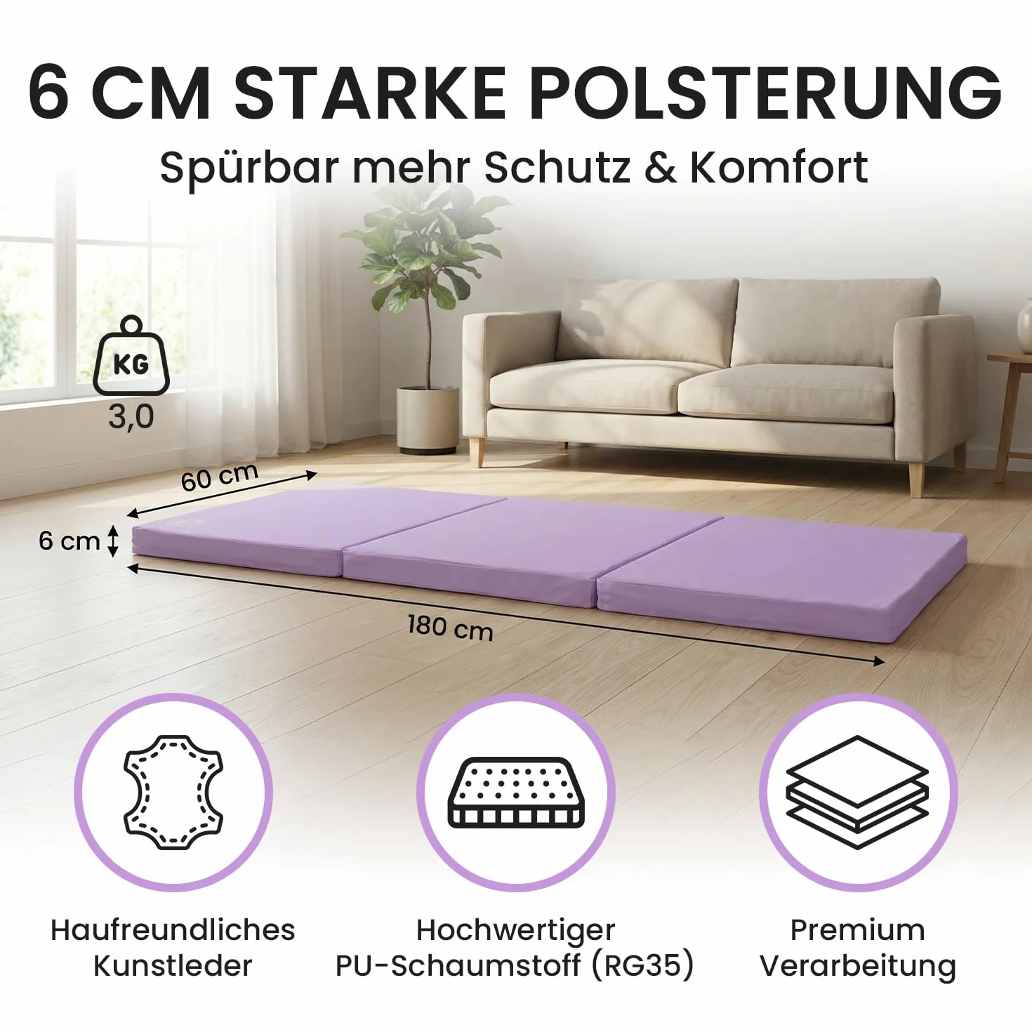 Jeflex - klappbare Weichbodenmatte & Turnmatte 180 x 60 x 6 cm MADE IN GERMANY/Gymnastikmatte tragbar/platzsparende Fitnessmatte & Yogamatte/Spielmatte für Kinderzimmer