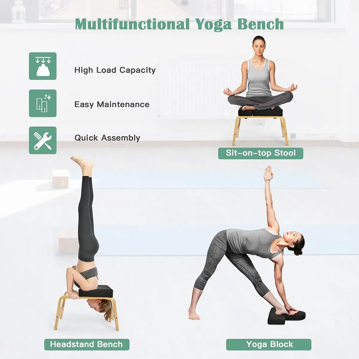 Yoga Kopfstandhocker，Kopfstandhocker，Kopfstandstuhl für Gleichgewichtstraining, Inversion Stool w/Solid Wood Frame & Detachable PU Auflagen