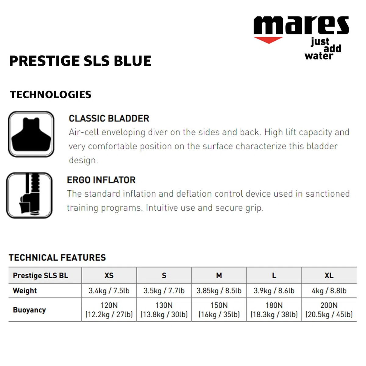 Mares Prestige SLS BL, Tarierjacket für Erwachsene, Unisex, Blau, L