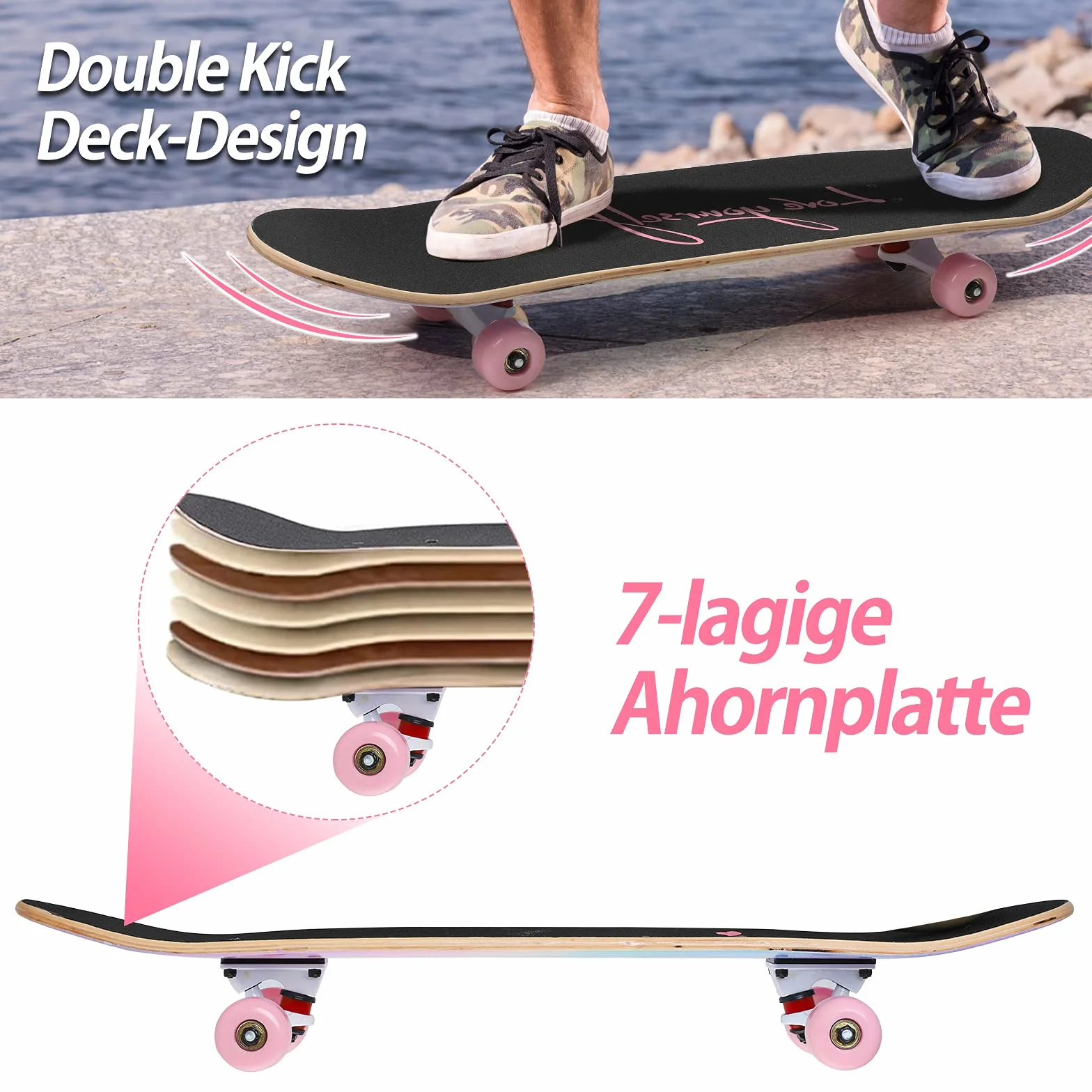 Skateboard für Jugendliche, Mädchen, Kinder, Erwachsene, Anfänger, 7 Schichten aus Ahornholz, Tablett, 80 x 20 cm, Tasche, Skateboard, Regenbogenpulver