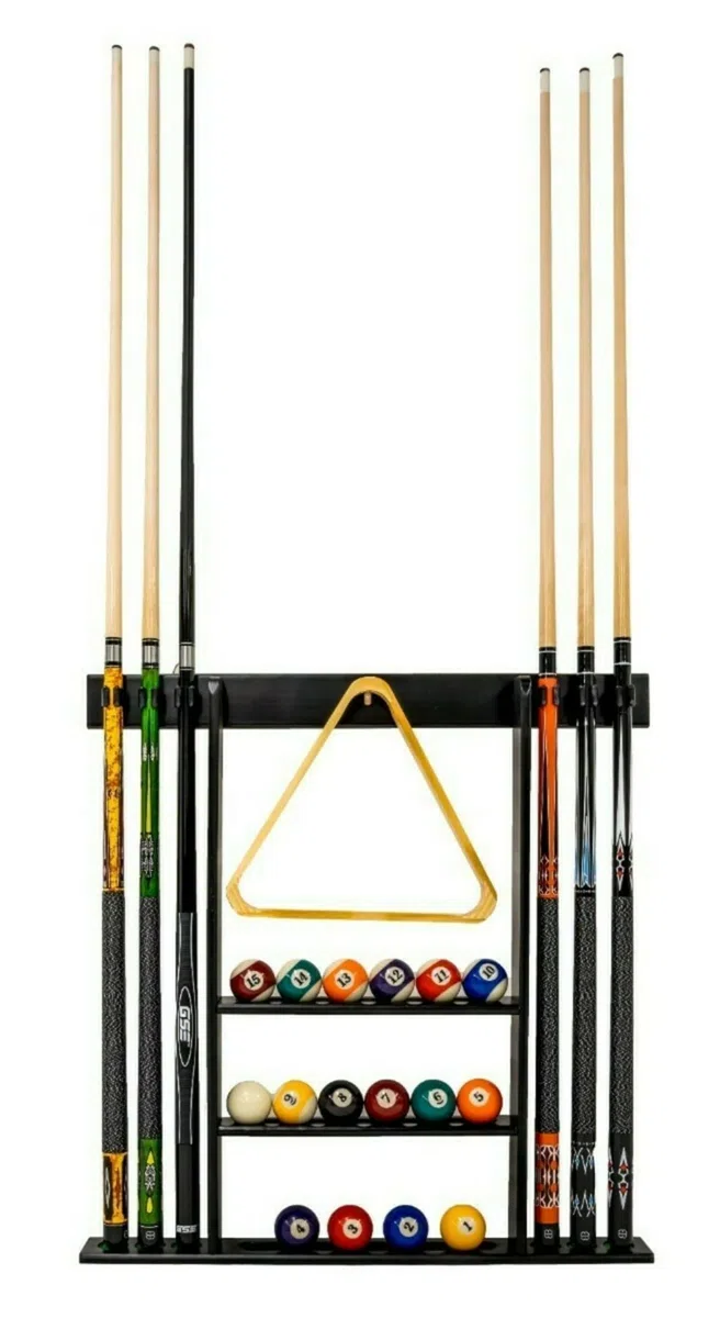 Pegasi Billard Wandhalterung Deluxe - Wandqueuehalter - Billard Queue Halter Wandmontierter - Pool Cue Wall Mounted Rank - 39 x 3,5 x 3,5 cm - Für 6 Queues und Bälle - Holz - Schwarz
