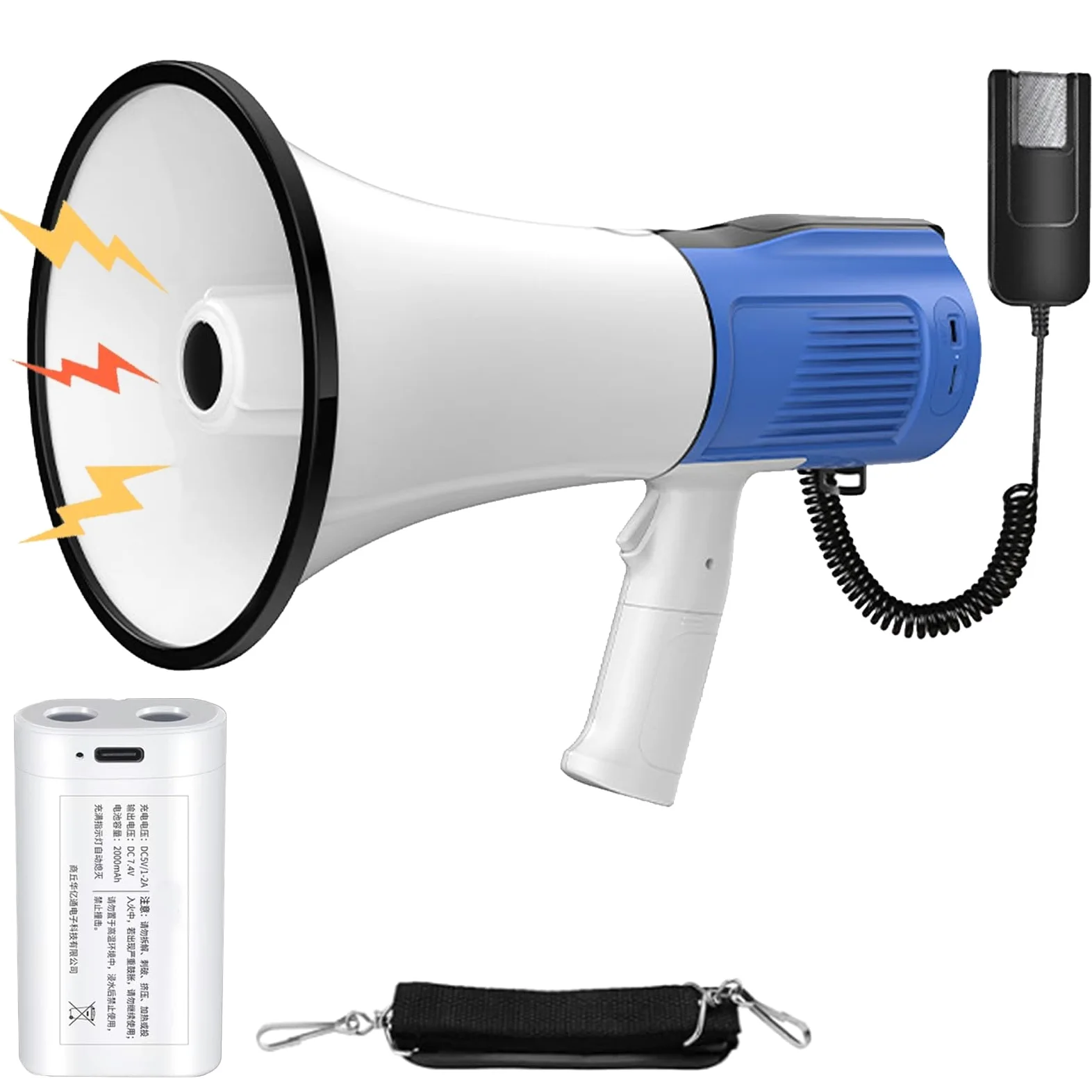 Signalhorn - Megaphone 120W Maximale Reichweite 2000M, Megafon mit Sirene und Mikrofon - Aufnahme und Bluetooth Funktionen, Signalhorn Mit Verstellbarem Schultergurt