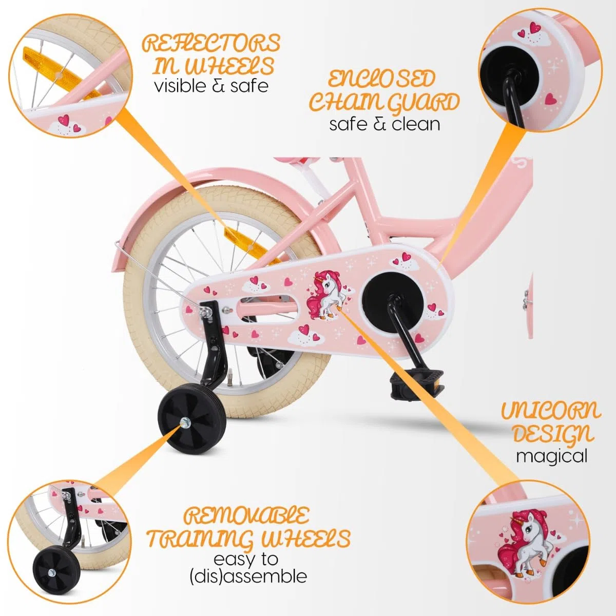 Dolly Kinderfahrrad 14 Zoll | Ab 3-5 Jahre | einfache Montage (95% vormontiert) | Kinder Fahrrad für Mädchen/Jugend | Kleidergröße von 98 bis 108 cm | inklusive Stützräder