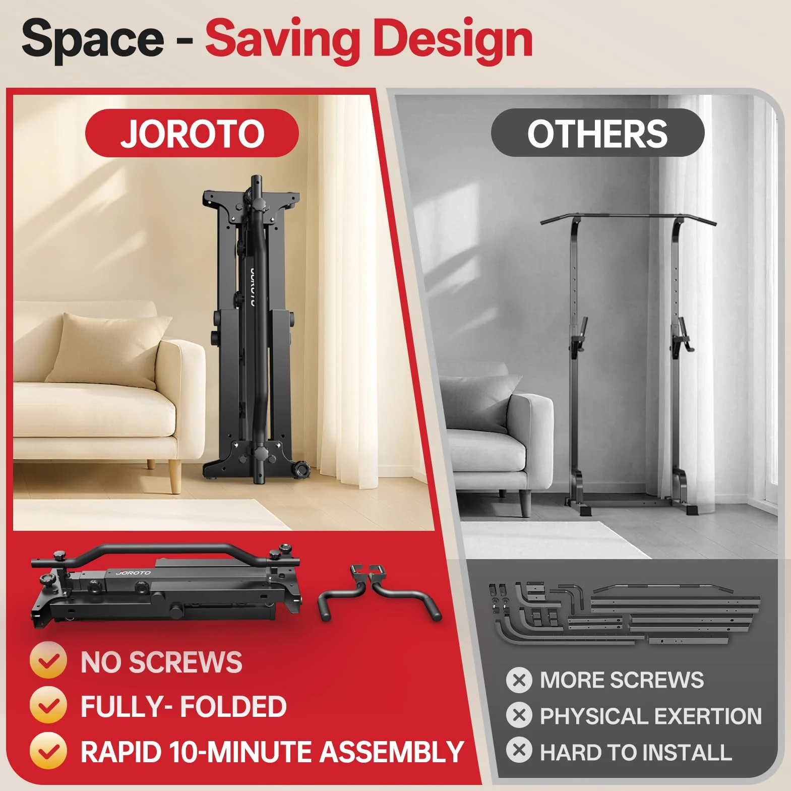 JOROTO Faltbar Power Tower Klimmzugstange & Dip Station, Freistehend Höhenverstellbar, 5-in-1 Rückentrainer für Zuhause, Multifunktionale Krafttraining Home Gym, 172KG Belastung