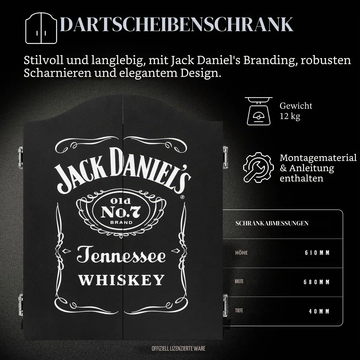 Offiziell lizenziertes Jack Daniel's bedruckte Dartpfeile in Schwarz inklusive Dartscheibe | JD Logo (CAB512), L
