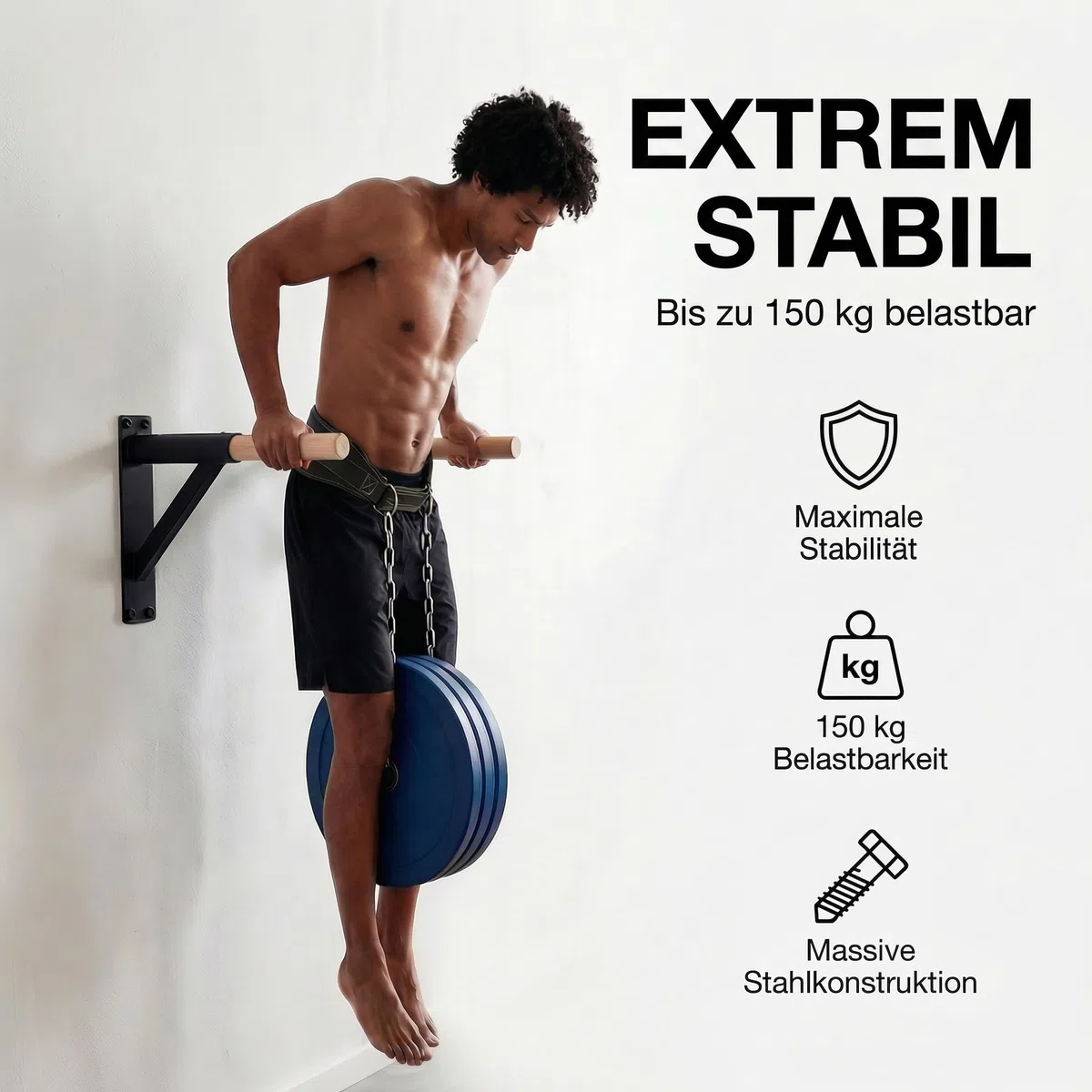Dip Barren Wandmontage – Dip Station aus Stahl & Buchenholz | 38mm Griff, bis 150 kg, 45cm Wandabstand | Calisthenics Dip Stange für Home Gym