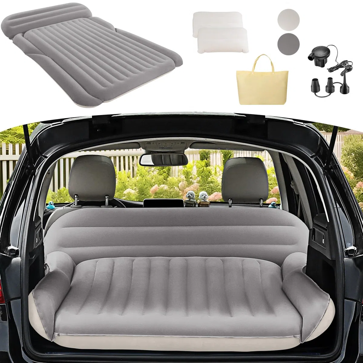 KMZ SUV Luftmatratze Dickere Doppelseitige Beflockung Camping Matratze – Tragbares Bewegliche Schlaf-Auto-Bett – Bequeme Aufblasbare Reisen Luftbett mit Elektrische Luftpumpe und 2 Kissen