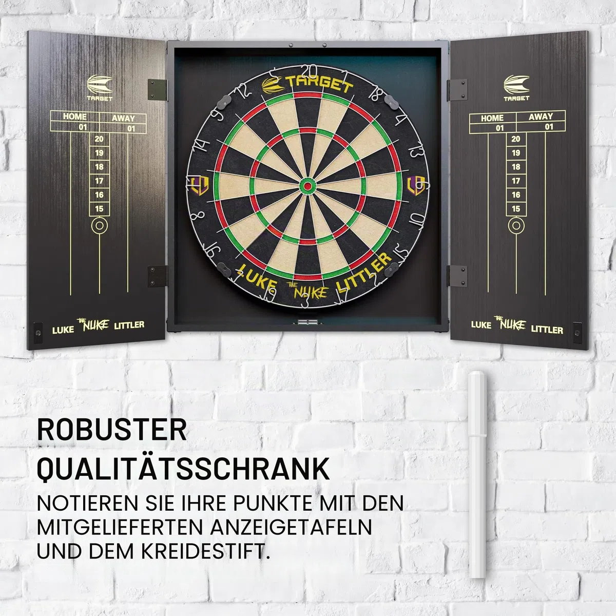 Target Darts Player Dartboard and Cabinet Set | Luke Littler/Dimitri Van den Bergh/Gabriel Clemens | Dartschrank mit 2 Sets Steel-Dart-Pfeilen, Score-Charts, Wurf-Standardlinie für Wettbewerbe