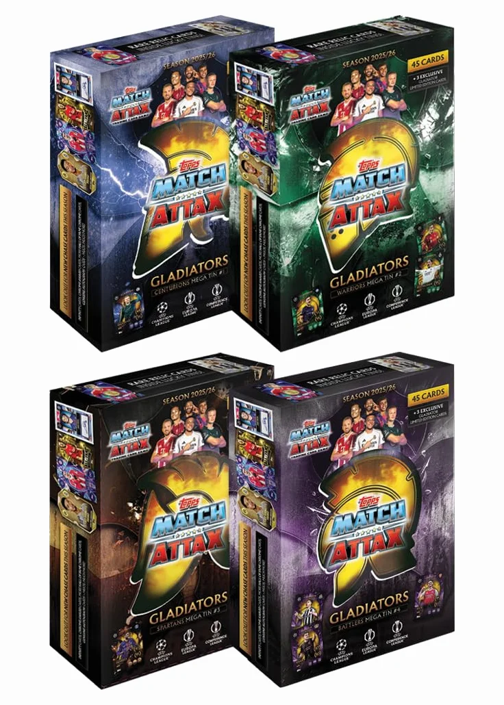 Topps UCC Match Attax 2025/26 - Mega Tin Bundle - enthält alle 4 Mega Tins der Match Attax 2025/26-Kollektion – Centurions, Warriors, Spartans und Battlers.