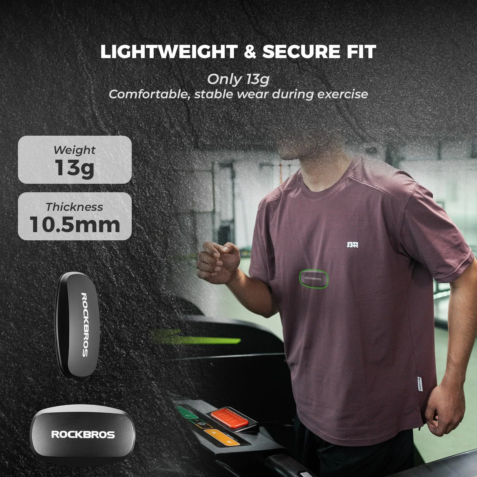 ROCKBROS Herzfrequenzmesser Brustgurt Bluetooth & ANT+, Präzise Echtzeit Herzfrequenz, 800 Std Laufzeit, IP67 Wasserdicht, nur 13g, Kompatibel mit Garmin, Wahoo, Polar, Strava, Sports Tracker